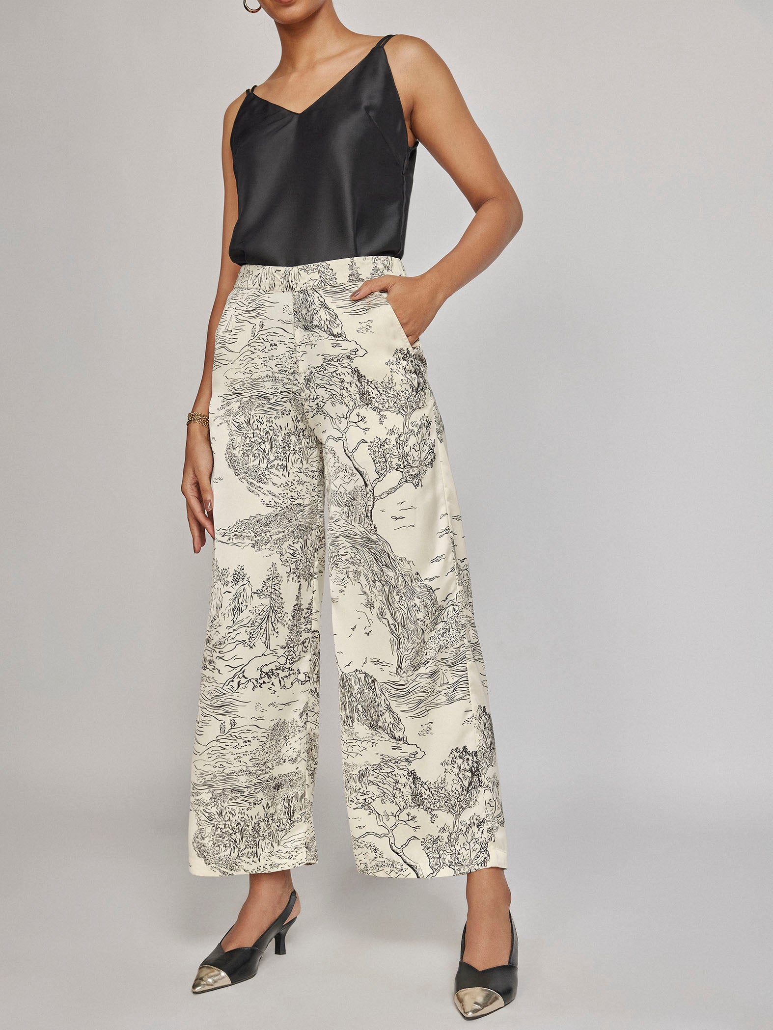 Pearl Satin Printed Flare Pants