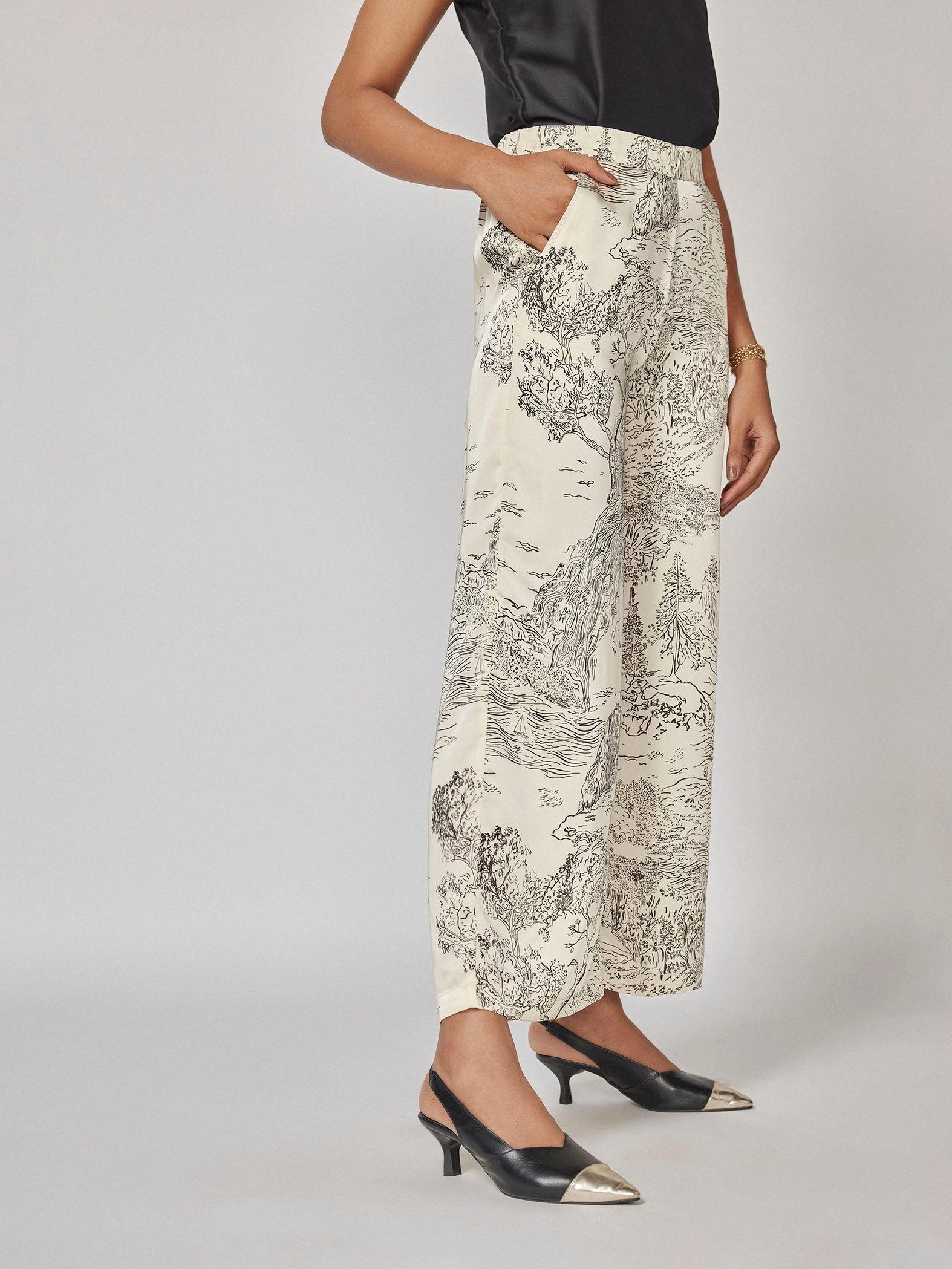 Pearl Satin Printed Flare Pants