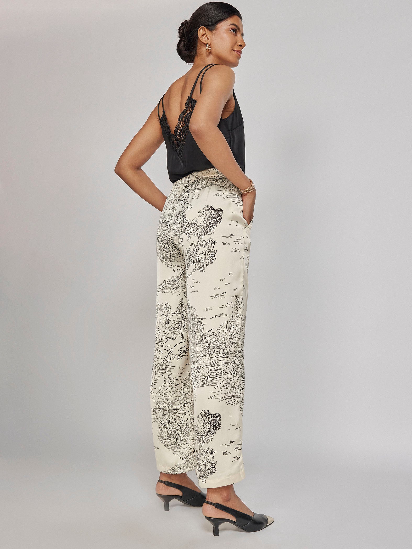 Pearl Satin Printed Flare Pants