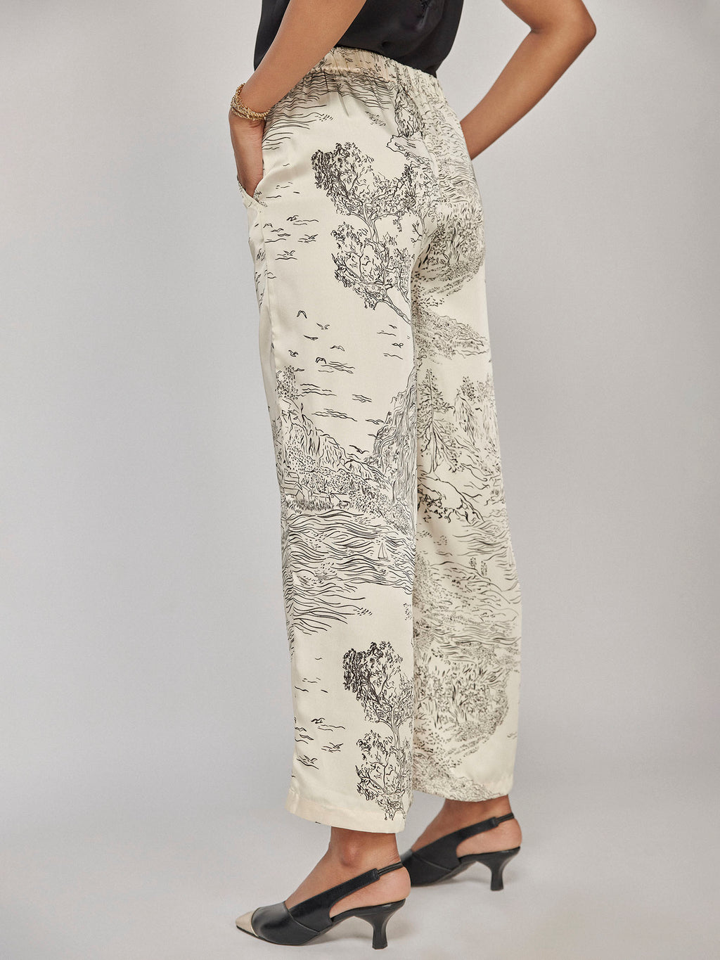 Pearl Satin Printed Flare Pants