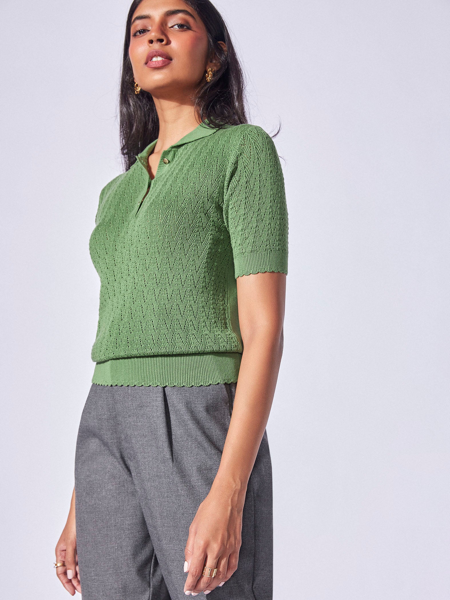 Pine Herringbone Knit Collared Top