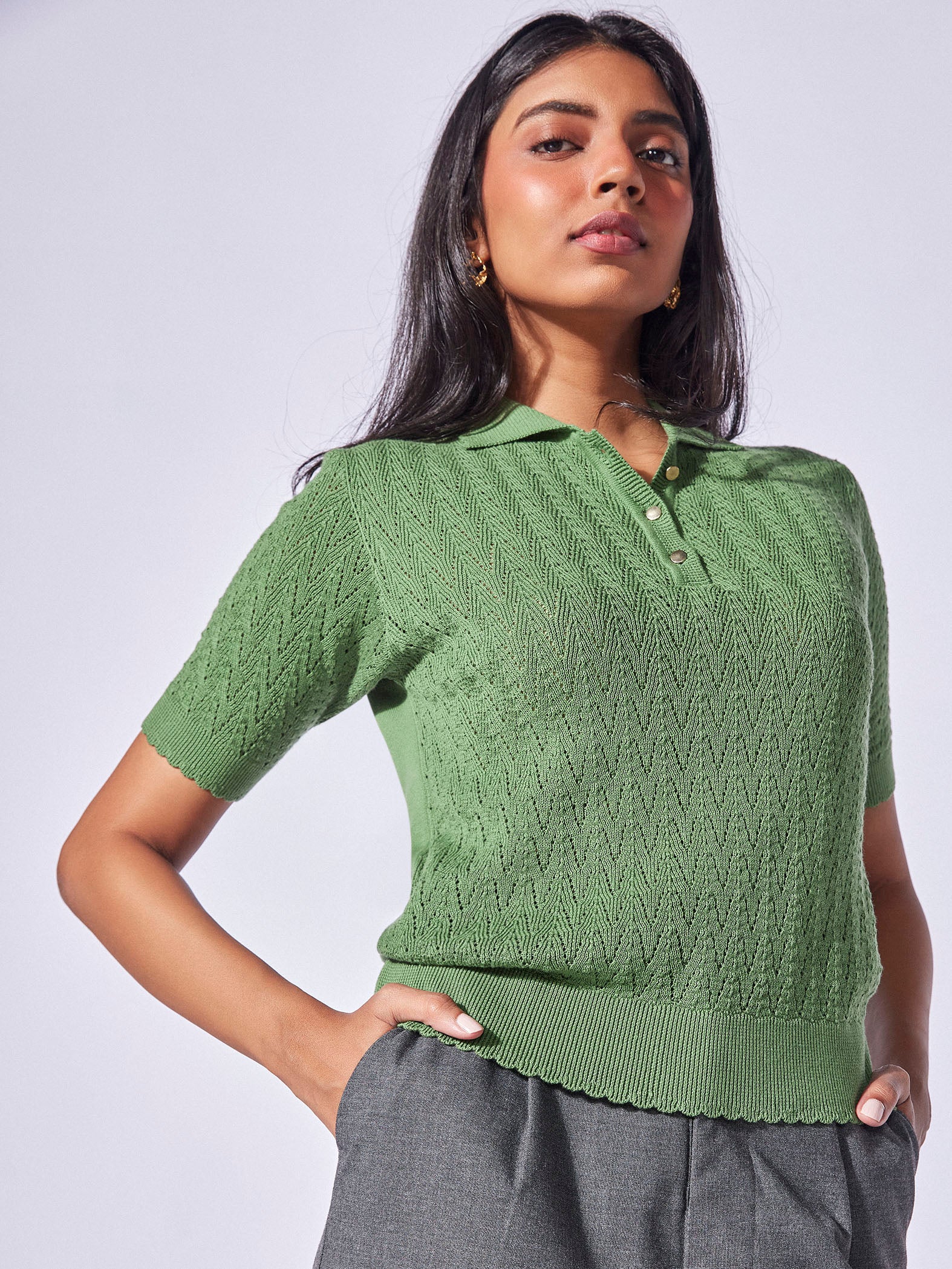 Pine Herringbone Knit Collared Top