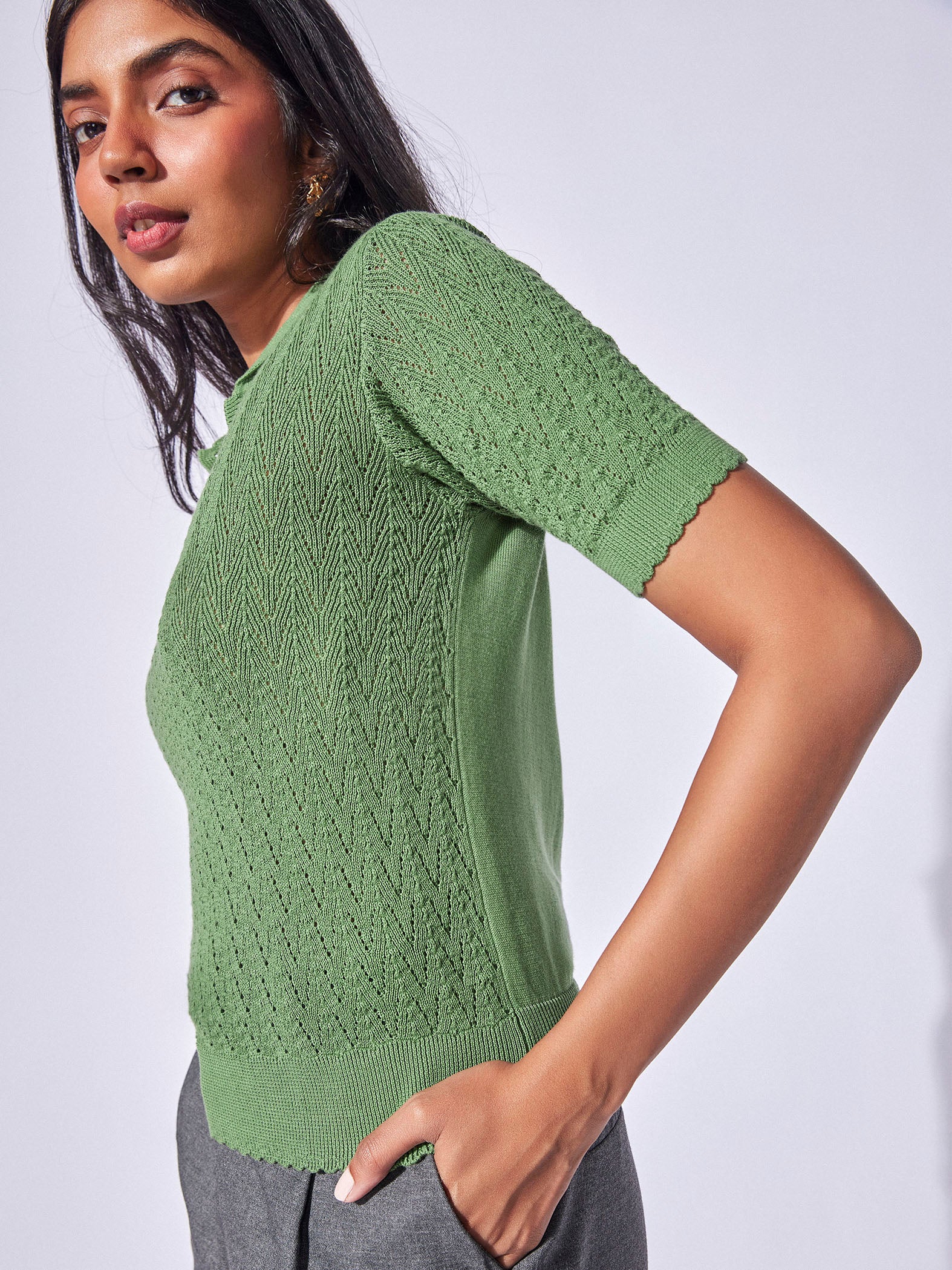 Pine Herringbone Knit Collared Top