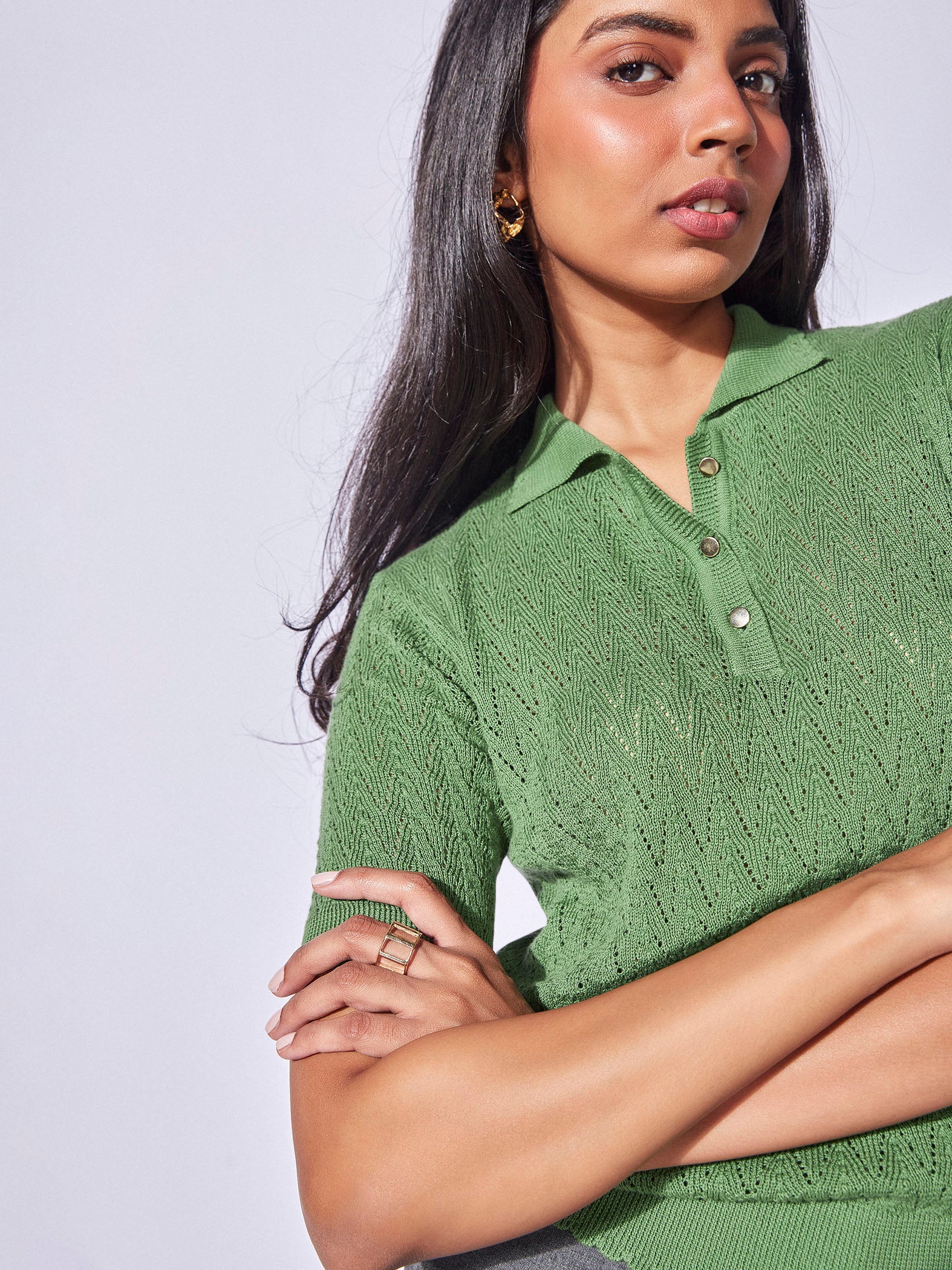 Pine Herringbone Knit Collared Top