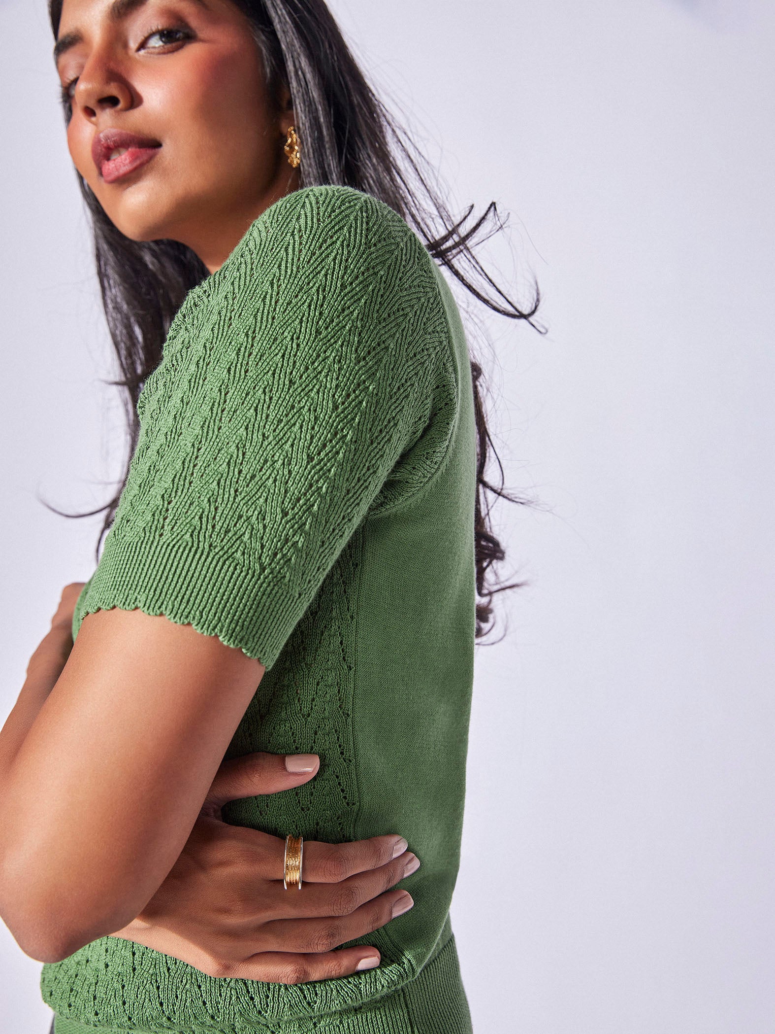 Pine Herringbone Knit Collared Top