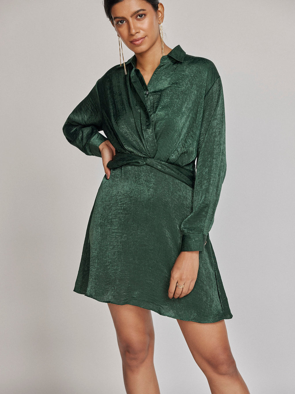 Pine Satin Front Twist Dress