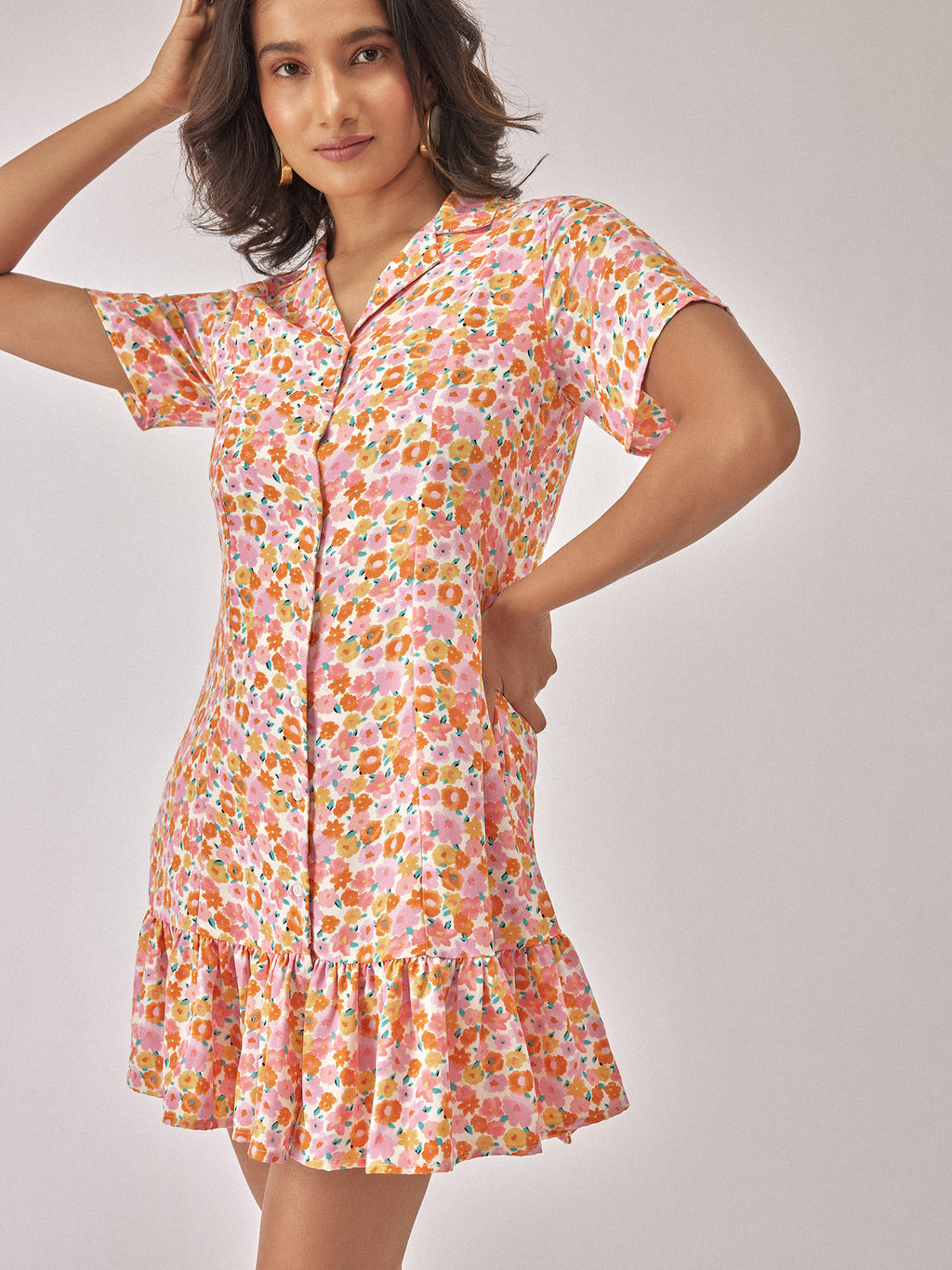Pink Floral Ruffle Mini Dress