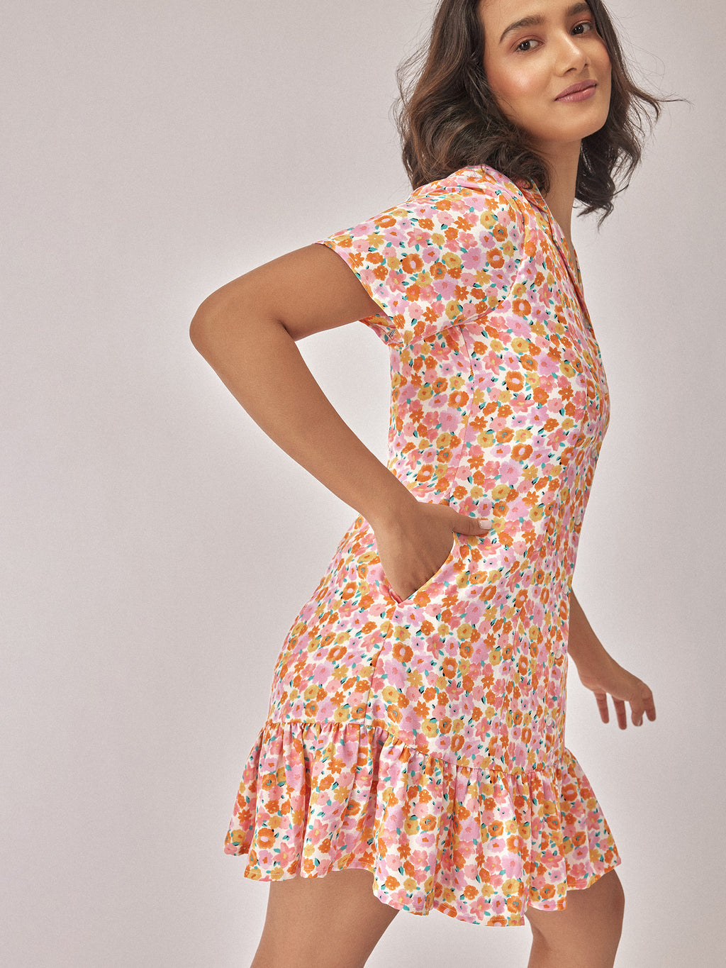 Pink Floral Ruffle Mini Dress