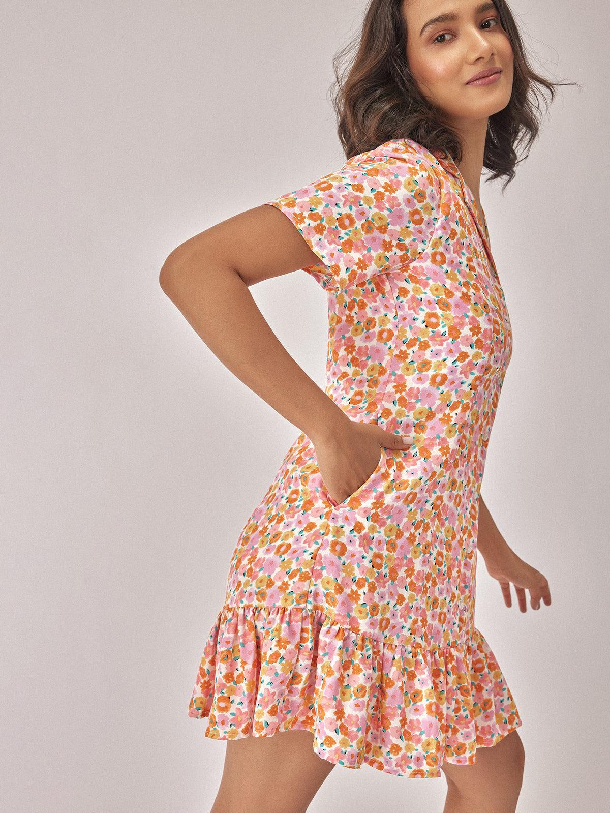 Pink Floral Ruffle Mini Dress