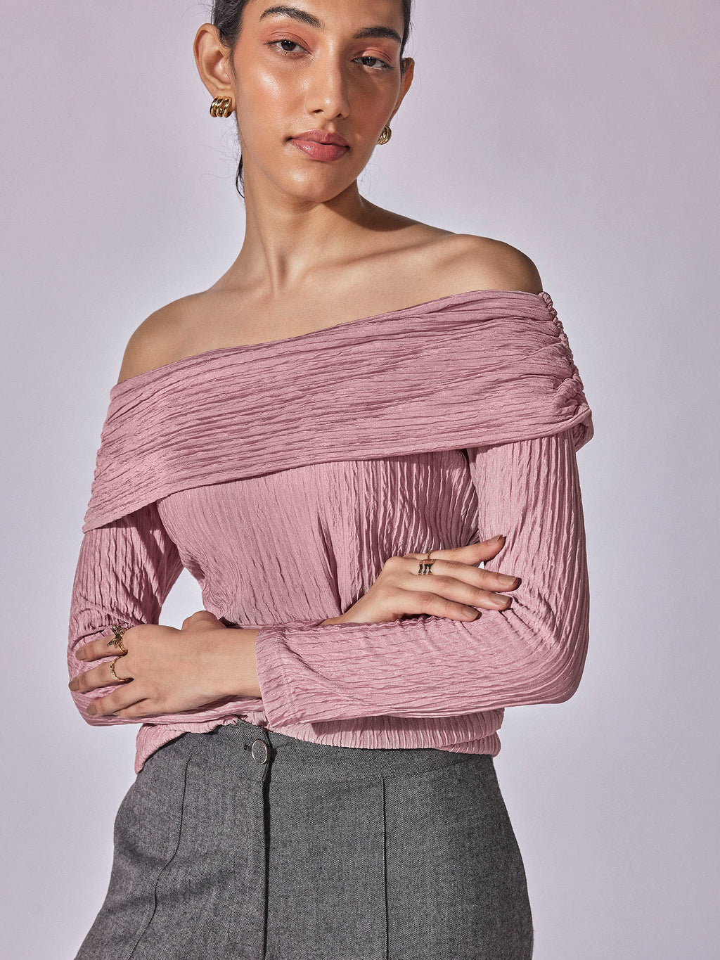Pink Knit Off Shoulder Tee