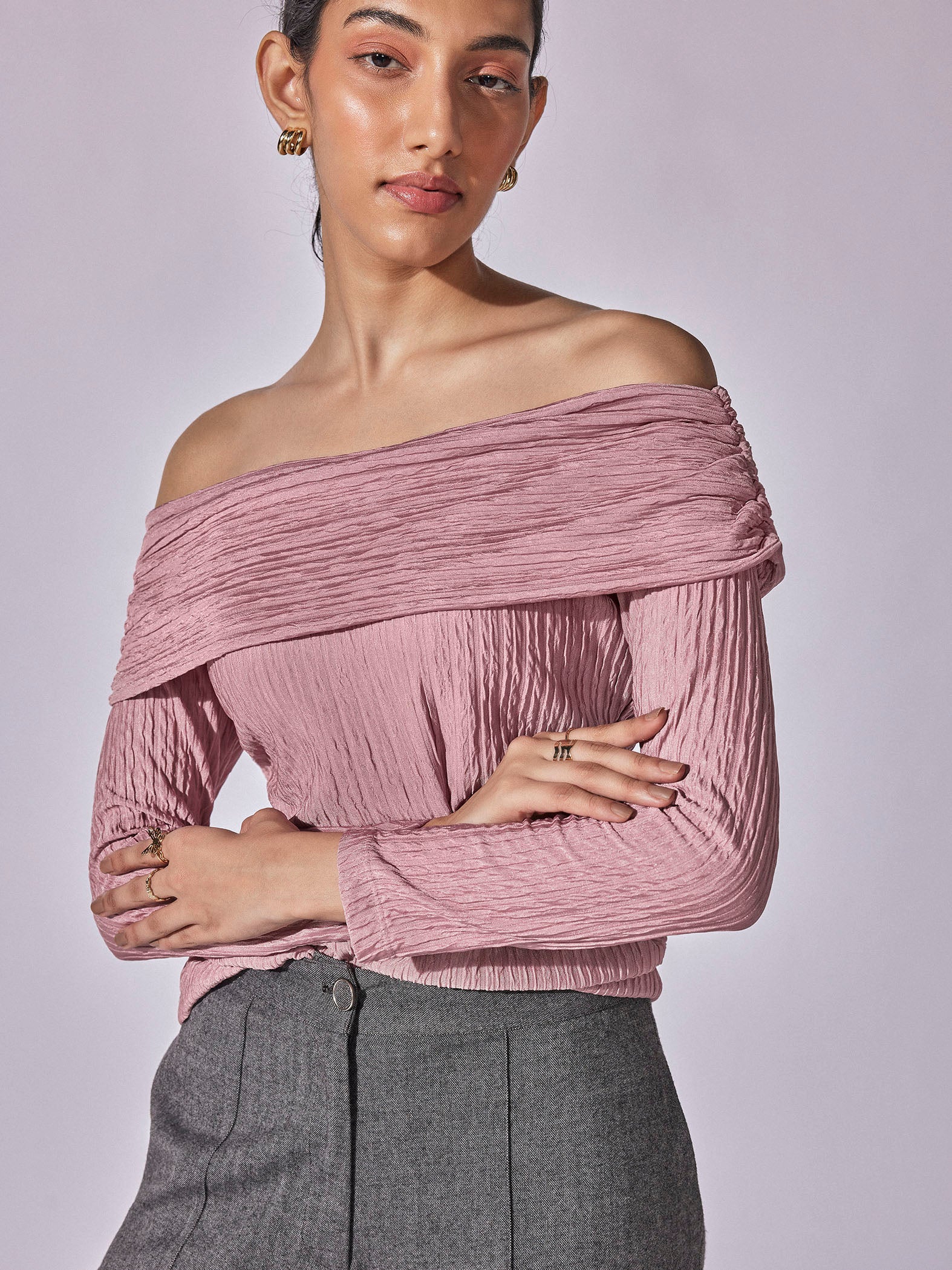 Pink Knit Off Shoulder Tee