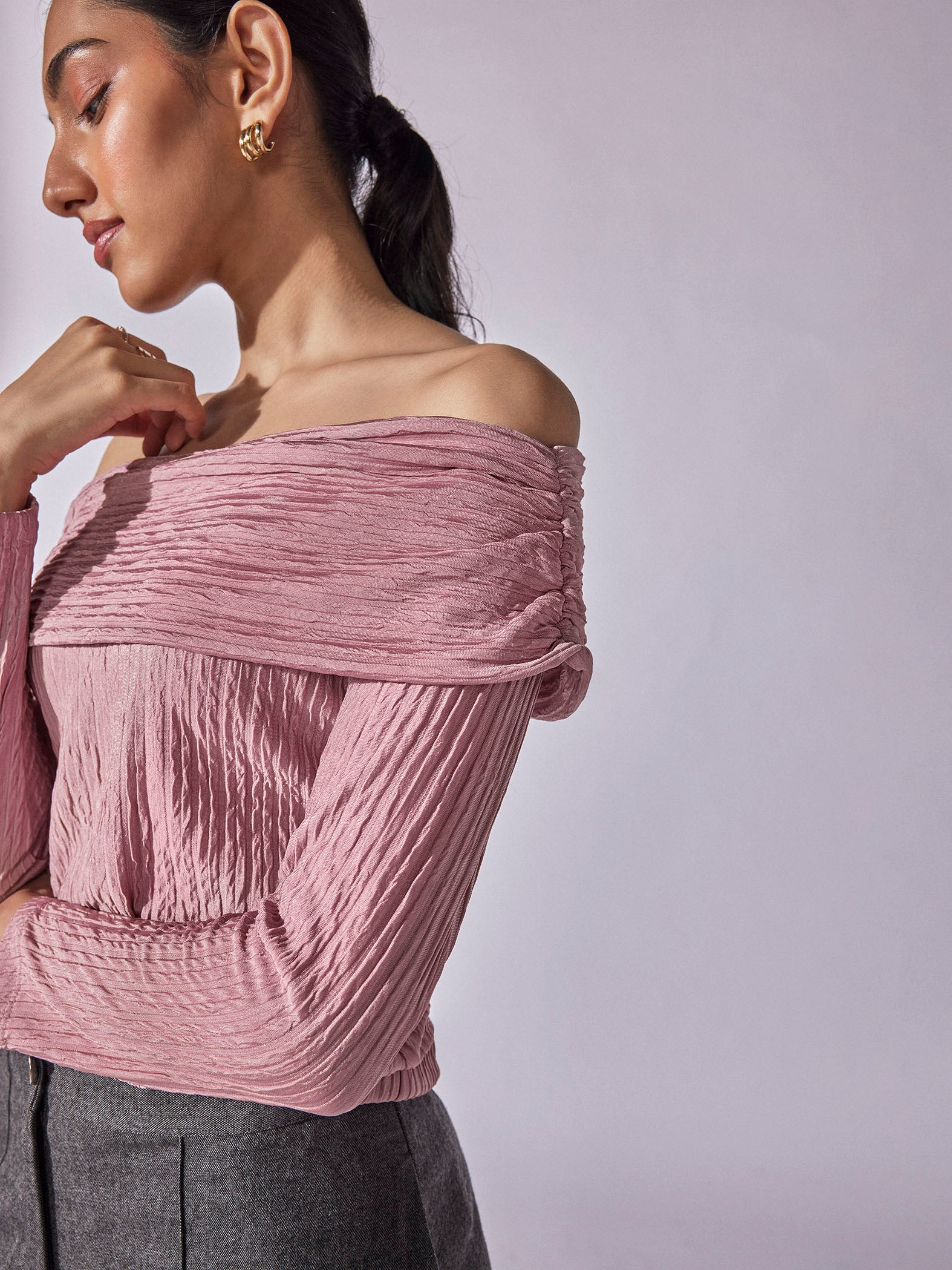 Pink Knit Off Shoulder Tee