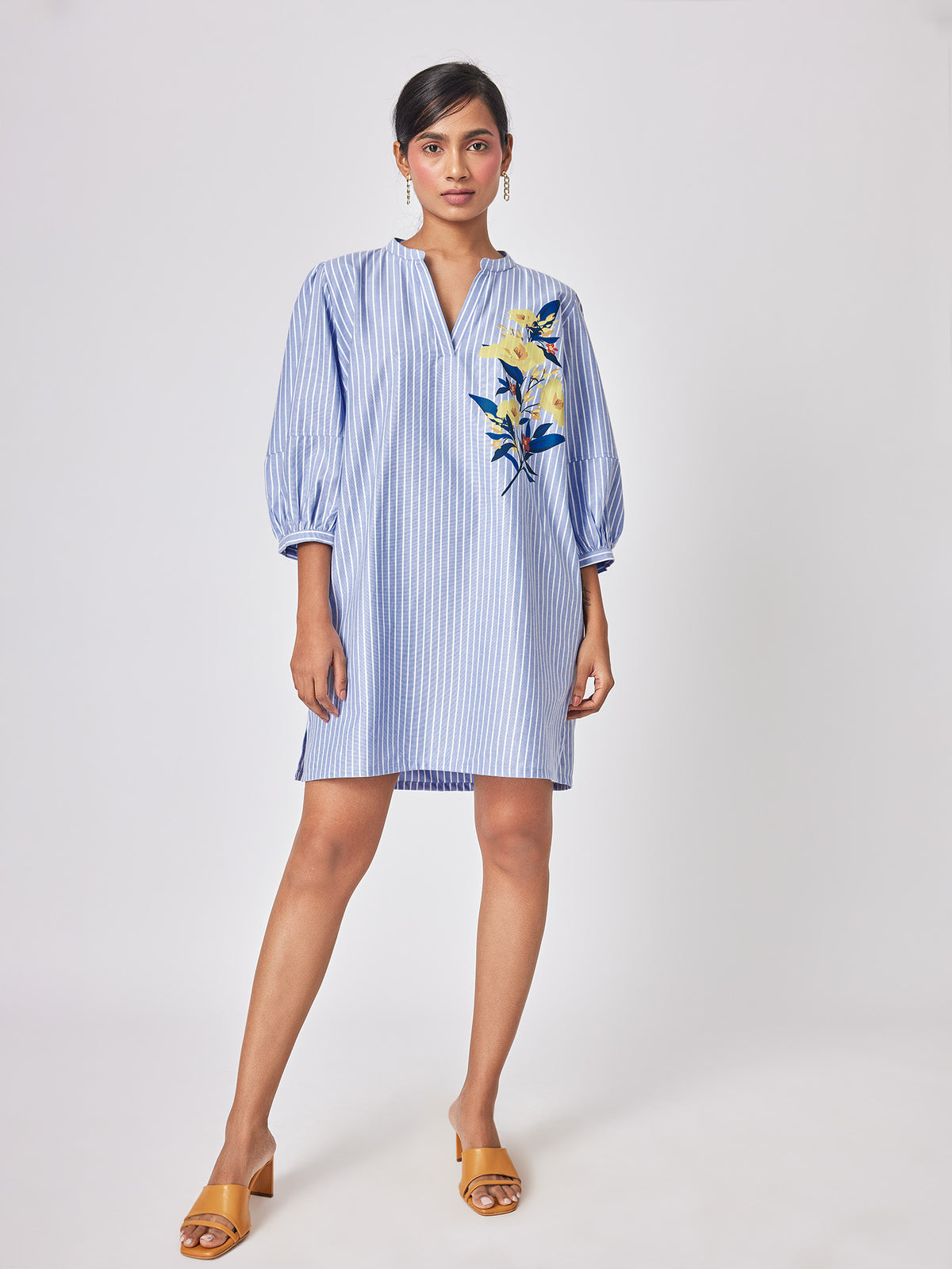 Hibiscus Print Detail Striped Dress