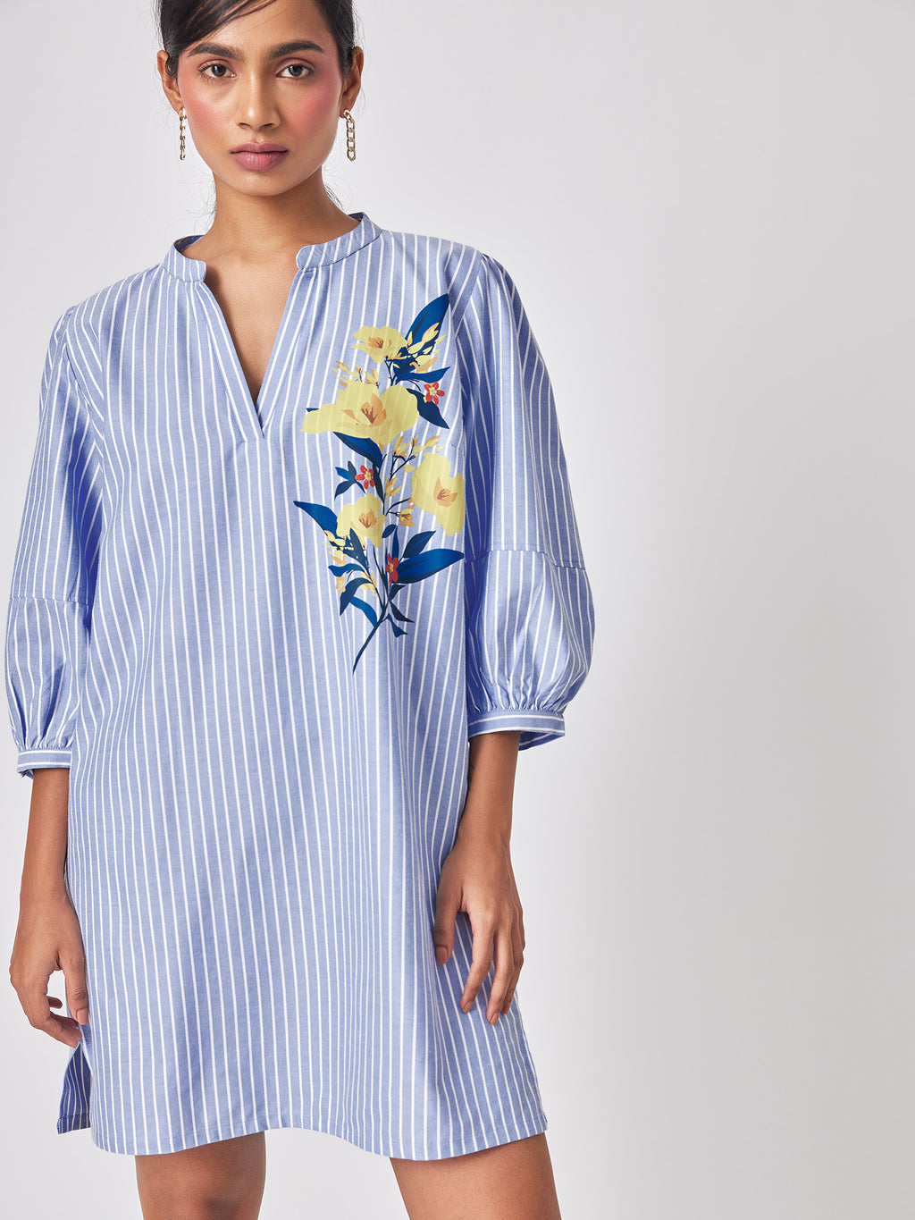 Hibiscus Print Detail Striped Dress