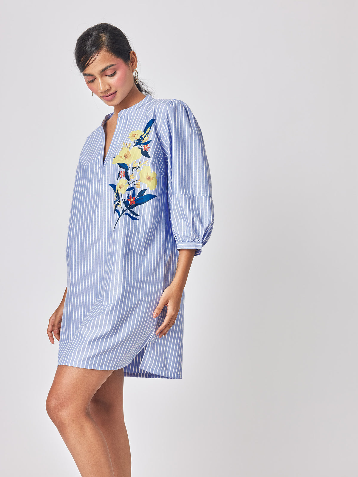 Hibiscus Print Detail Striped Dress
