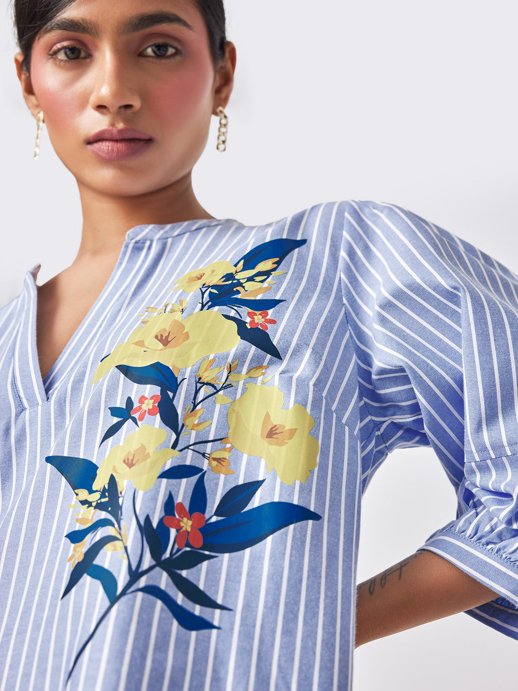 Hibiscus Print Detail Striped Dress