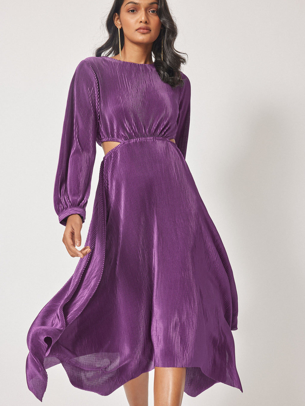Plum Pleated Cut Out Dress