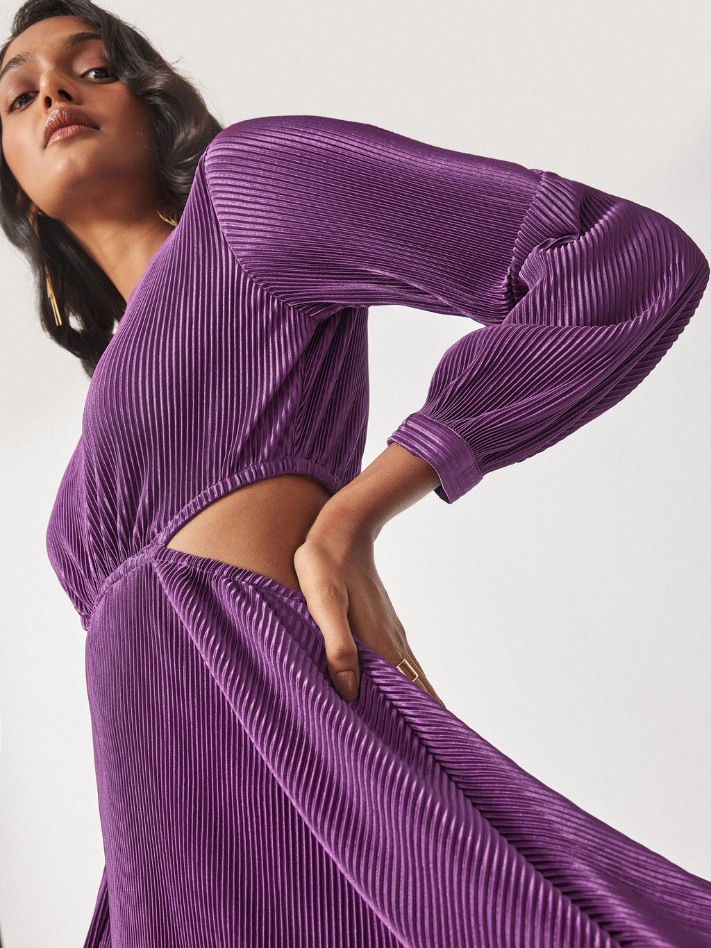 Plum Pleated Cut Out Dress