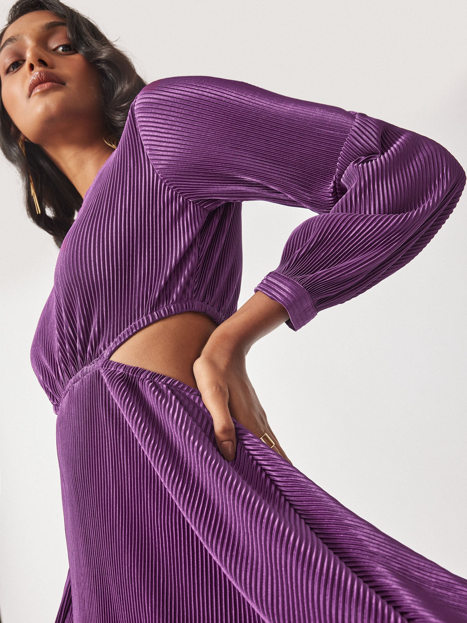 Plum Pleated Cut Out Dress