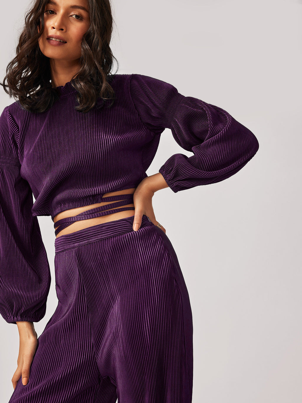 Plum Pleated Tie-Up Crop Top