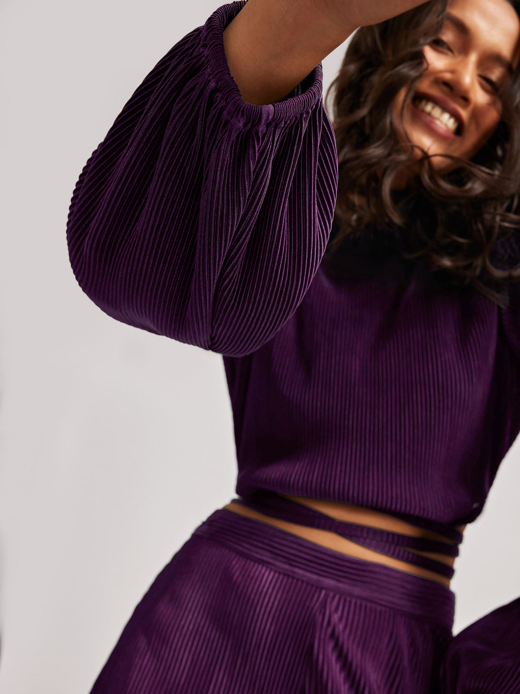 Plum Pleated Tie-Up Crop Top