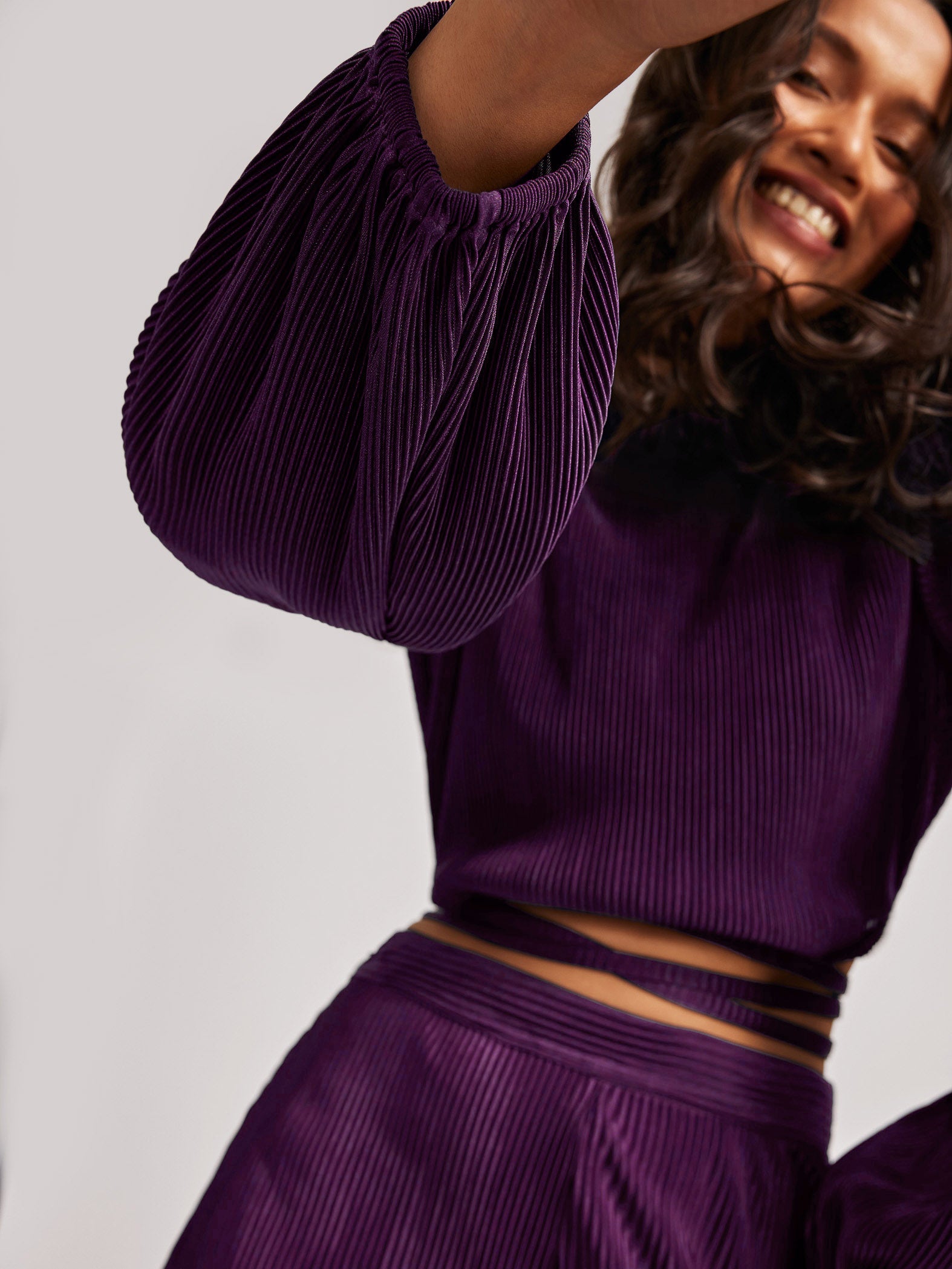 Plum Pleated Tie-Up Crop Top