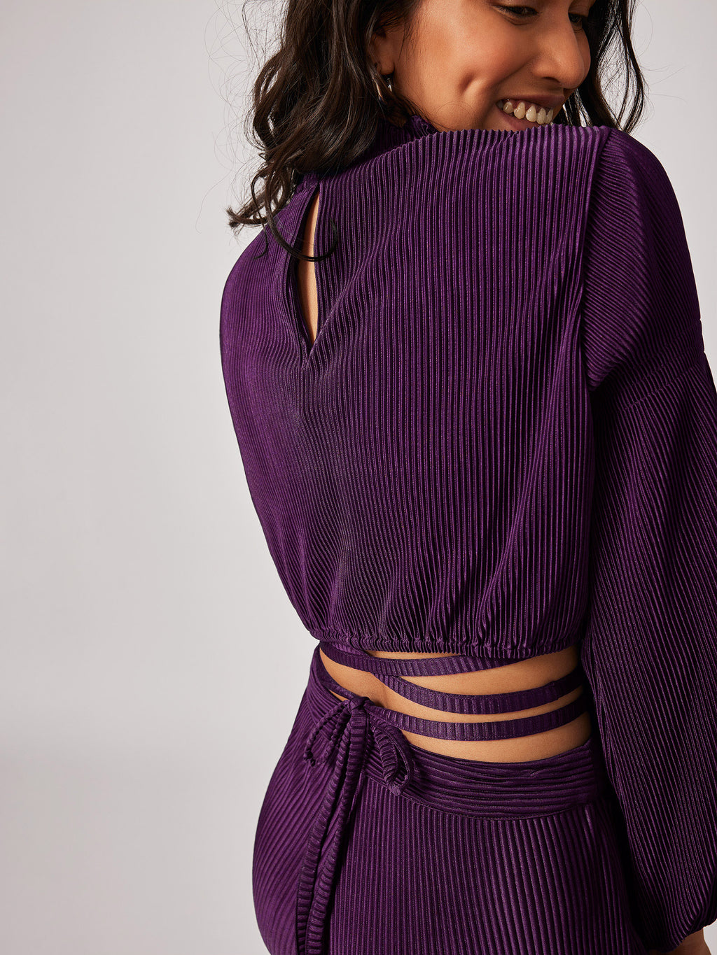 Plum Pleated Tie-Up Crop Top