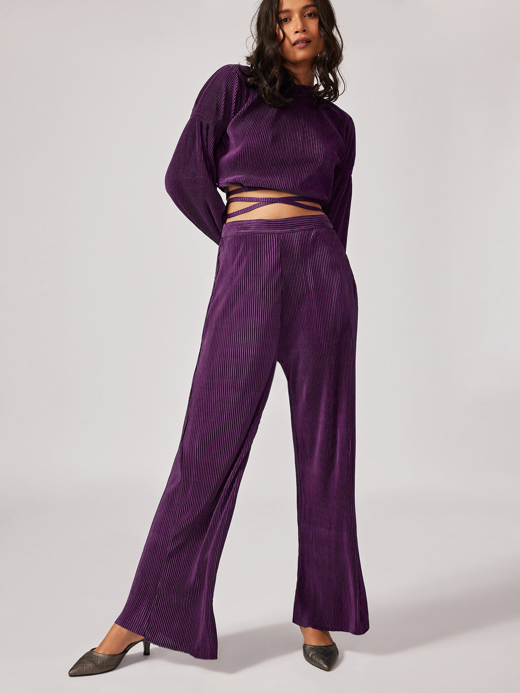 Plum Pleated Tie-Up Crop Top