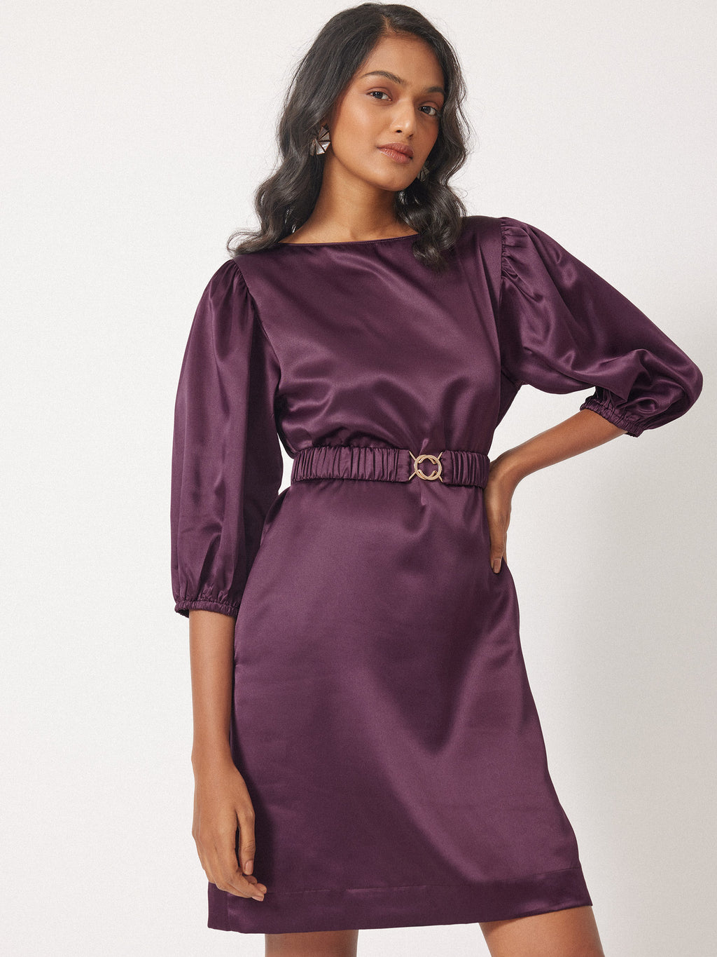 Plum Satin Balloon Sleeve Dress