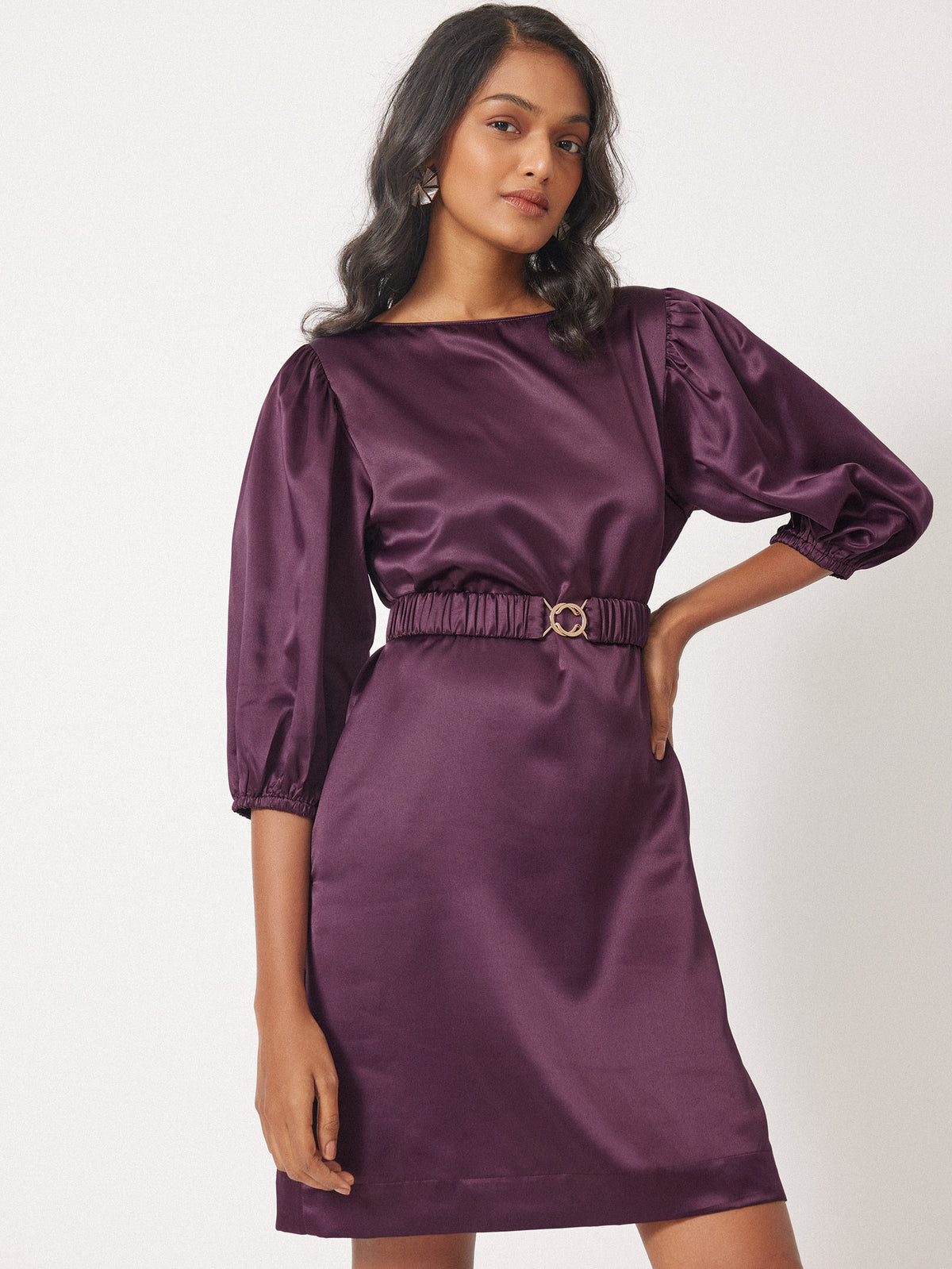 Plum Satin Balloon Sleeve Dress