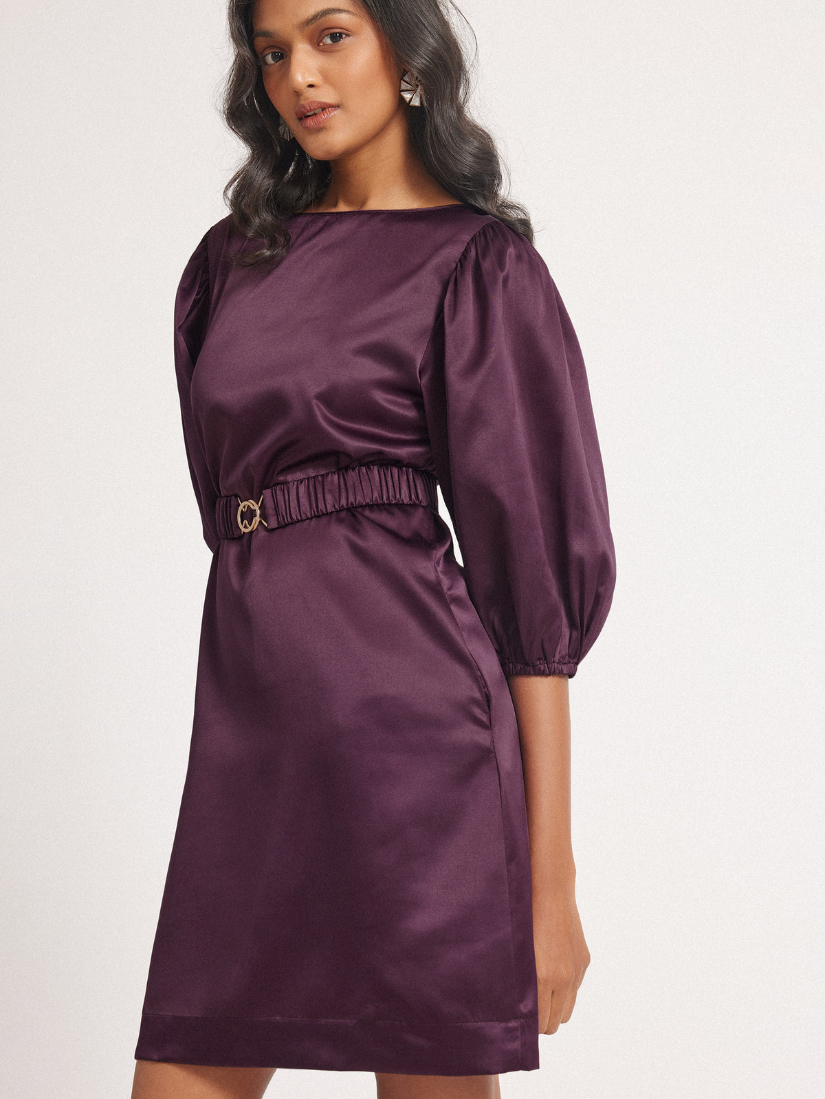Plum Satin Balloon Sleeve Dress
