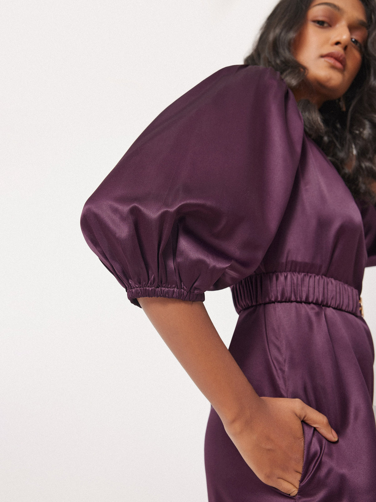 Plum Satin Balloon Sleeve Dress