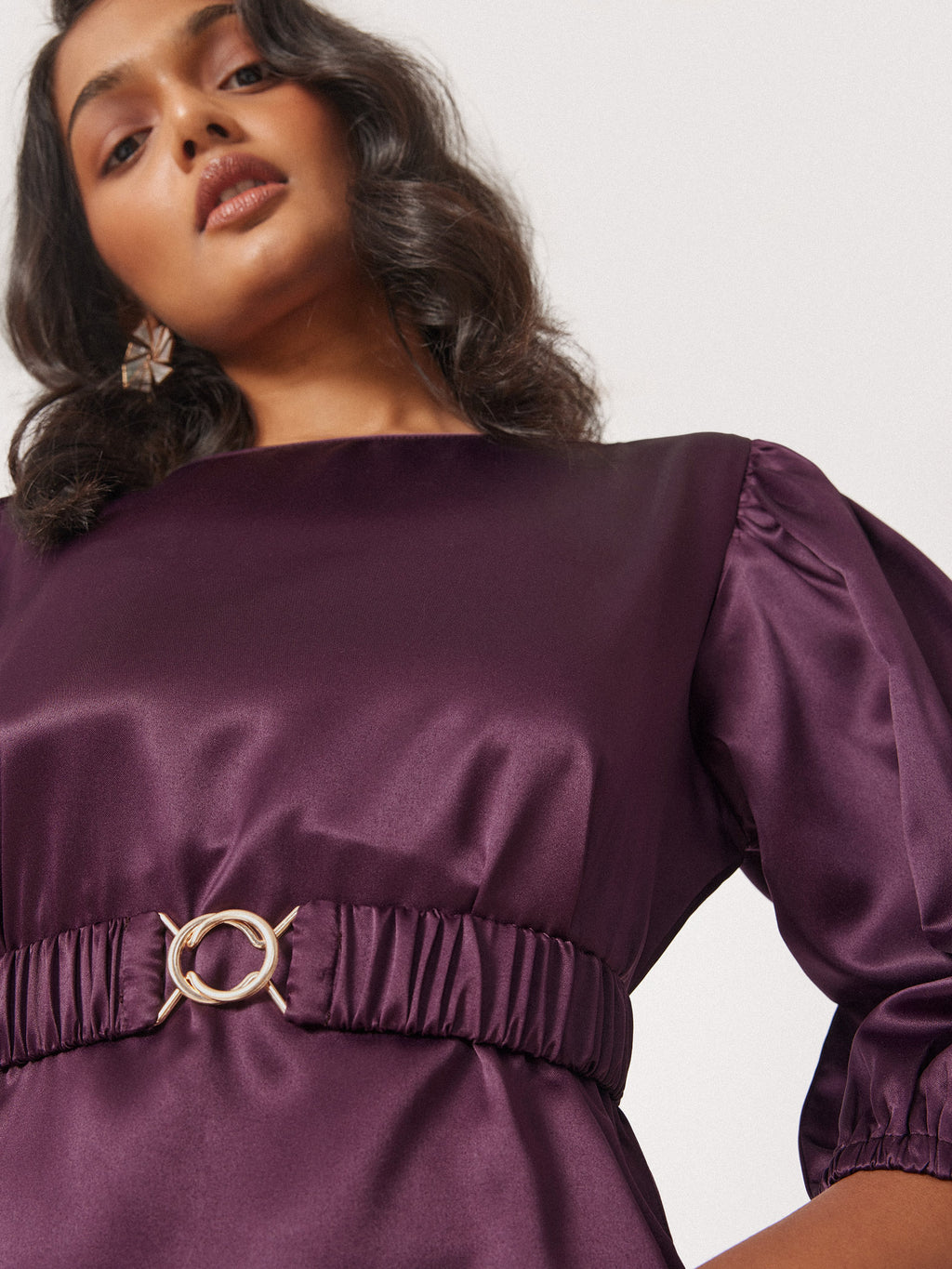 Plum Satin Balloon Sleeve Dress