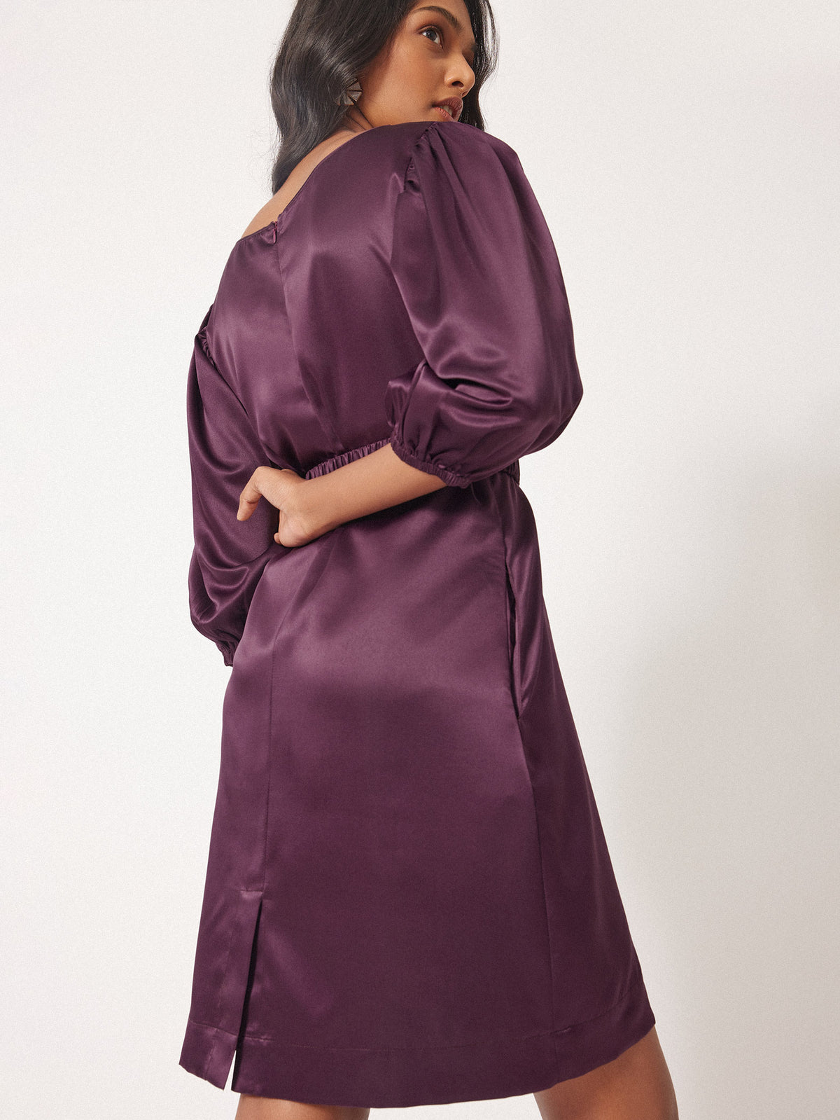 Plum Satin Balloon Sleeve Dress