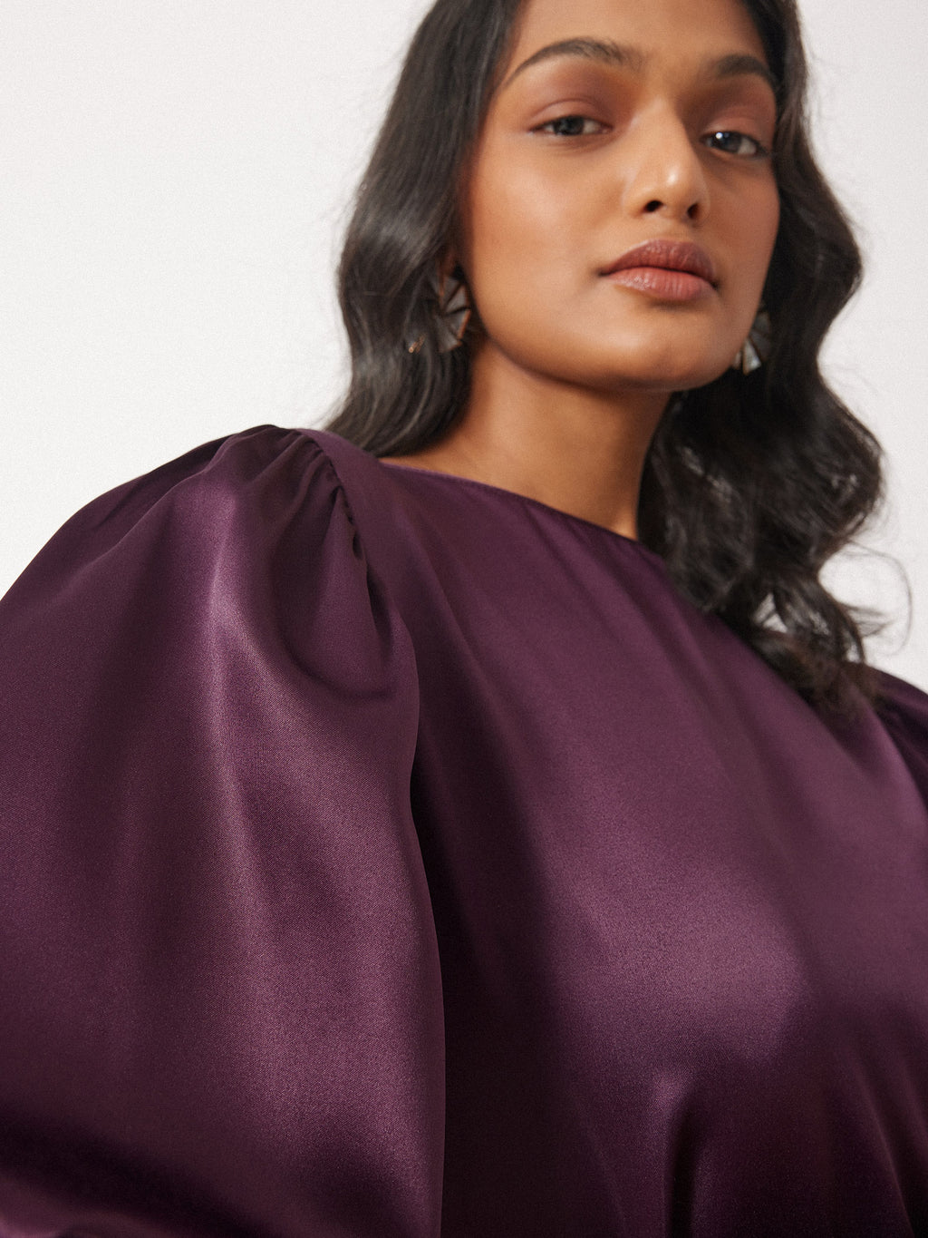 Plum Satin Balloon Sleeve Dress
