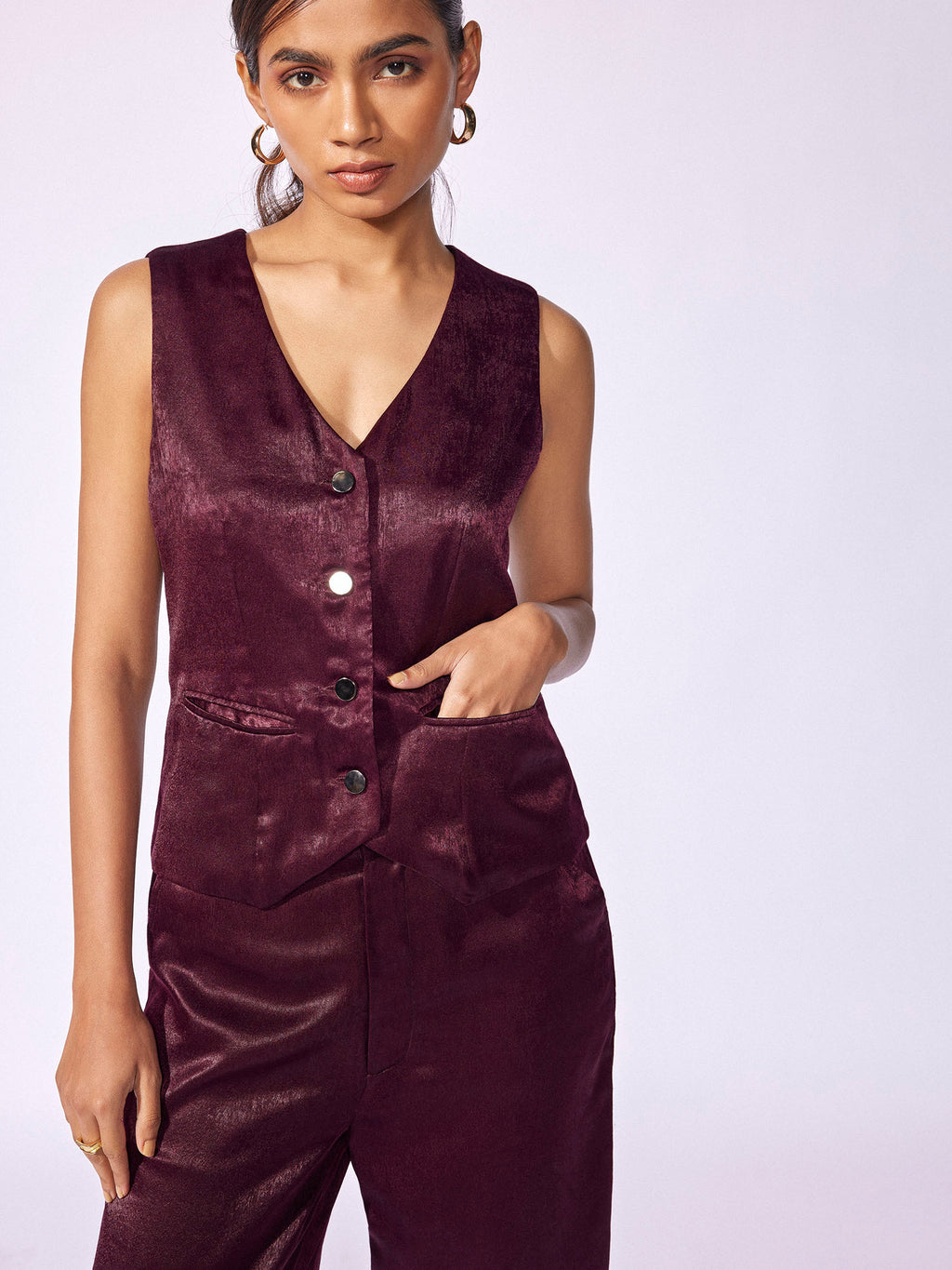 Plum Satin Cropped Waistcoat