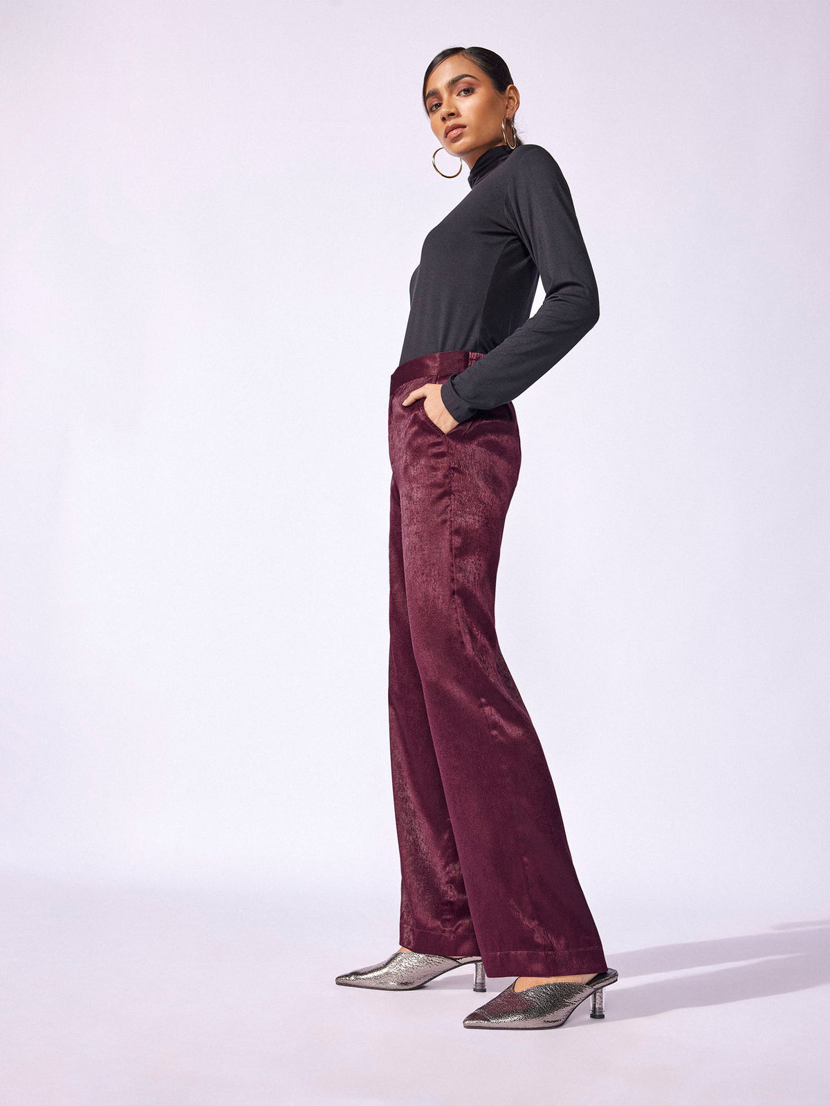 Plum Satin Wide Leg Trousers