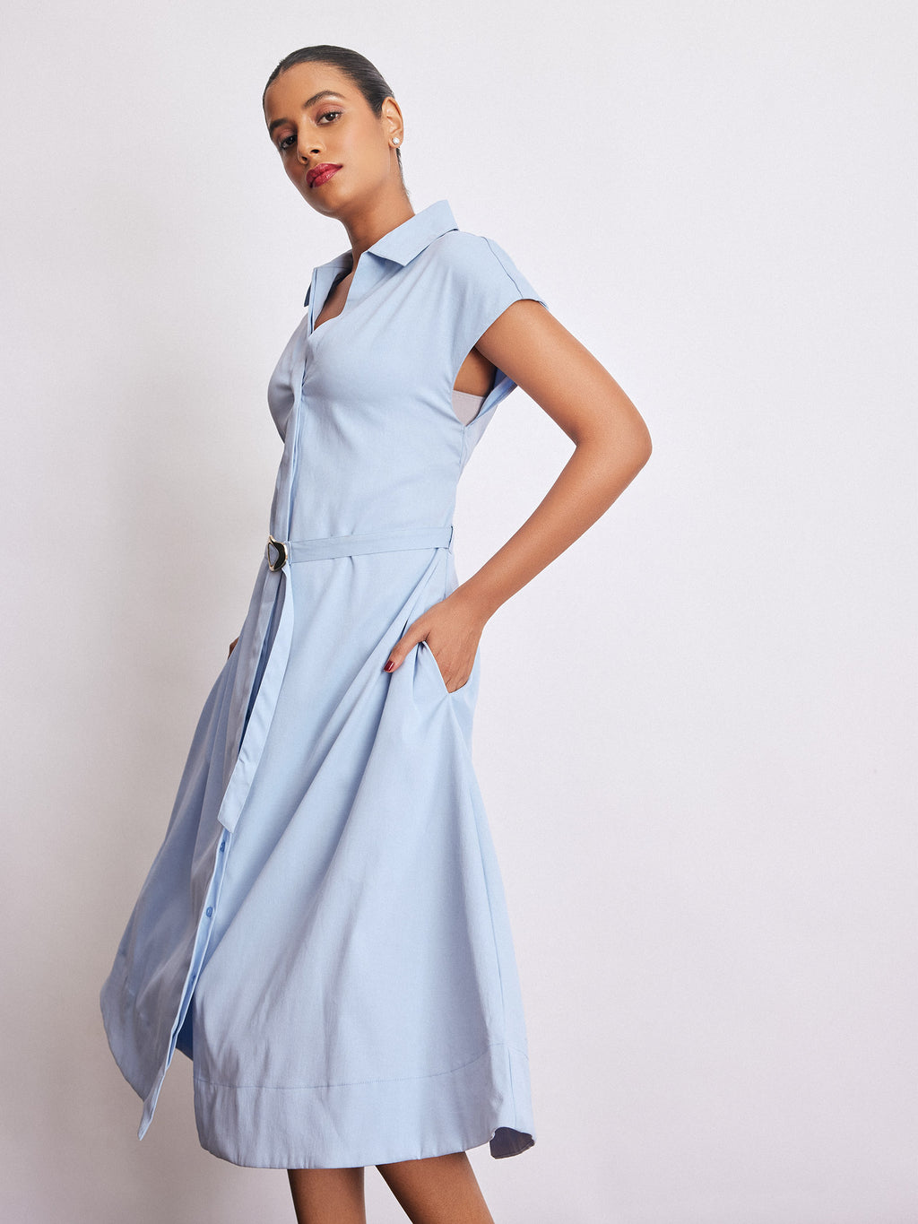 Powder Blue Belted Shirt Dress