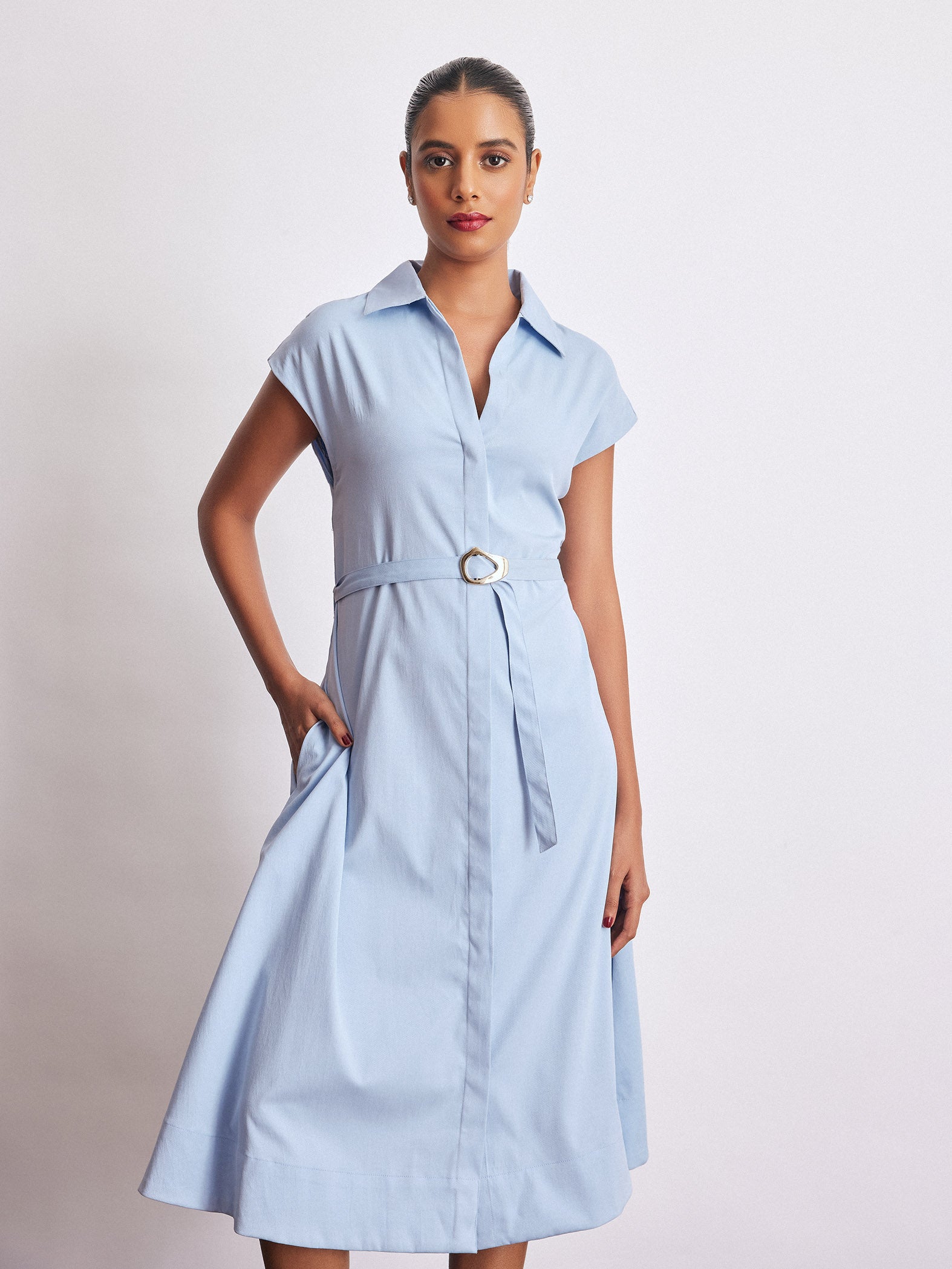 Powder Blue Belted Shirt Dress