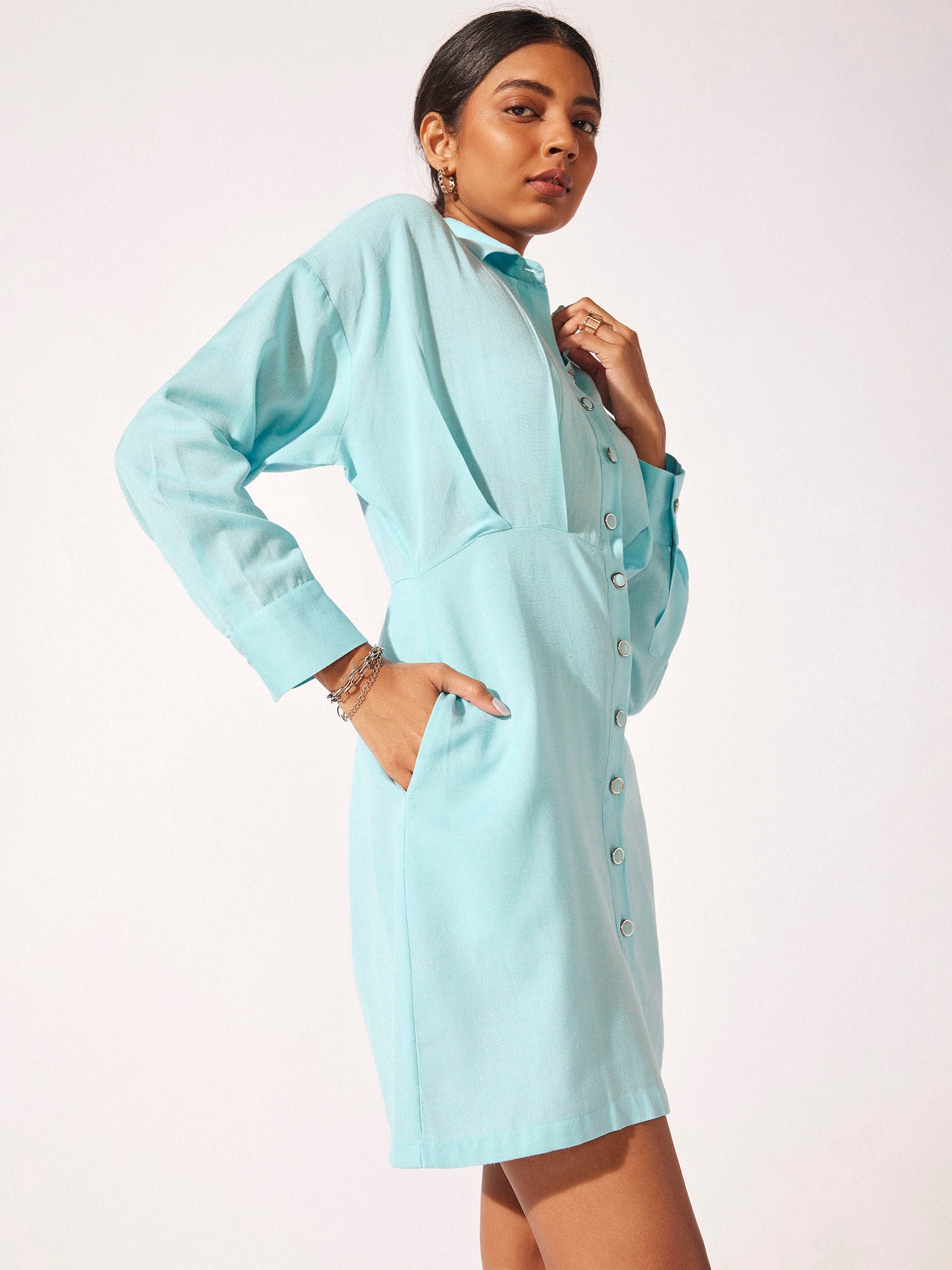 Powder Blue Linen Shirt Dress