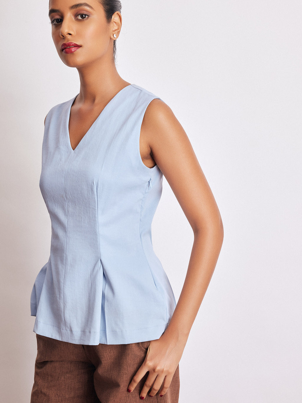 Powder Blue Pleat Detail Peplum Top