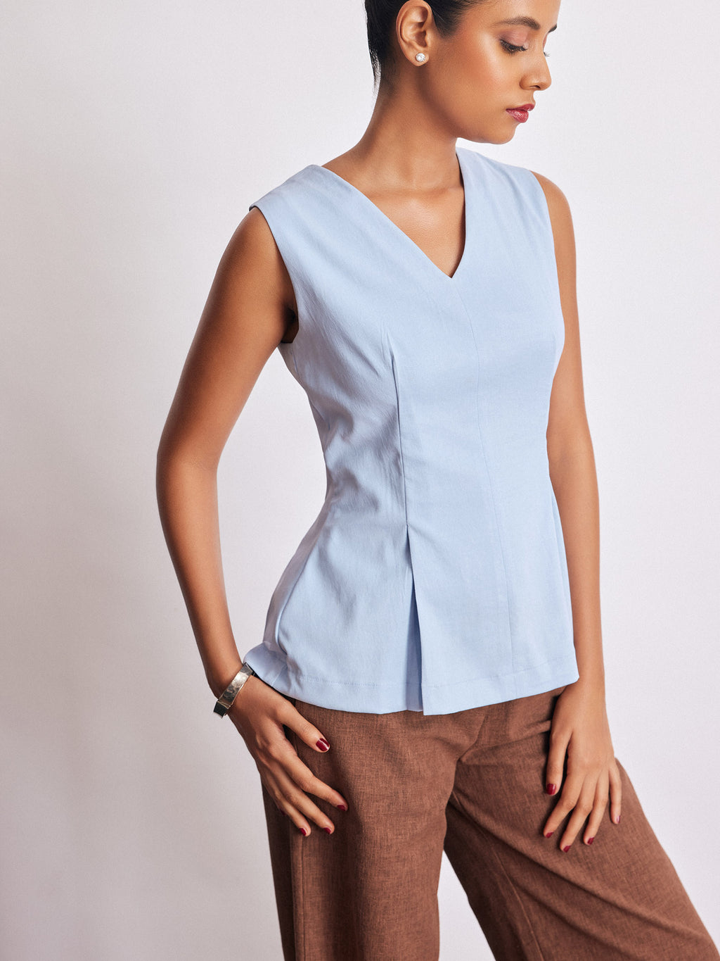 Powder Blue Pleat Detail Peplum Top