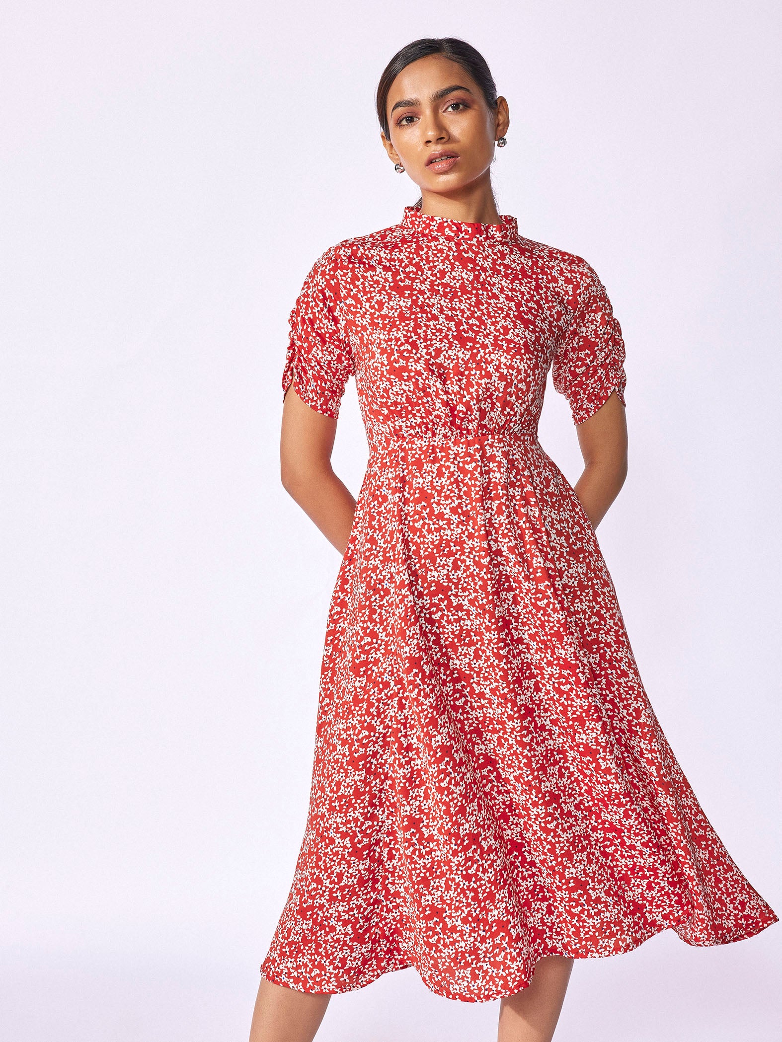 Red Floral Print High Neck Dress