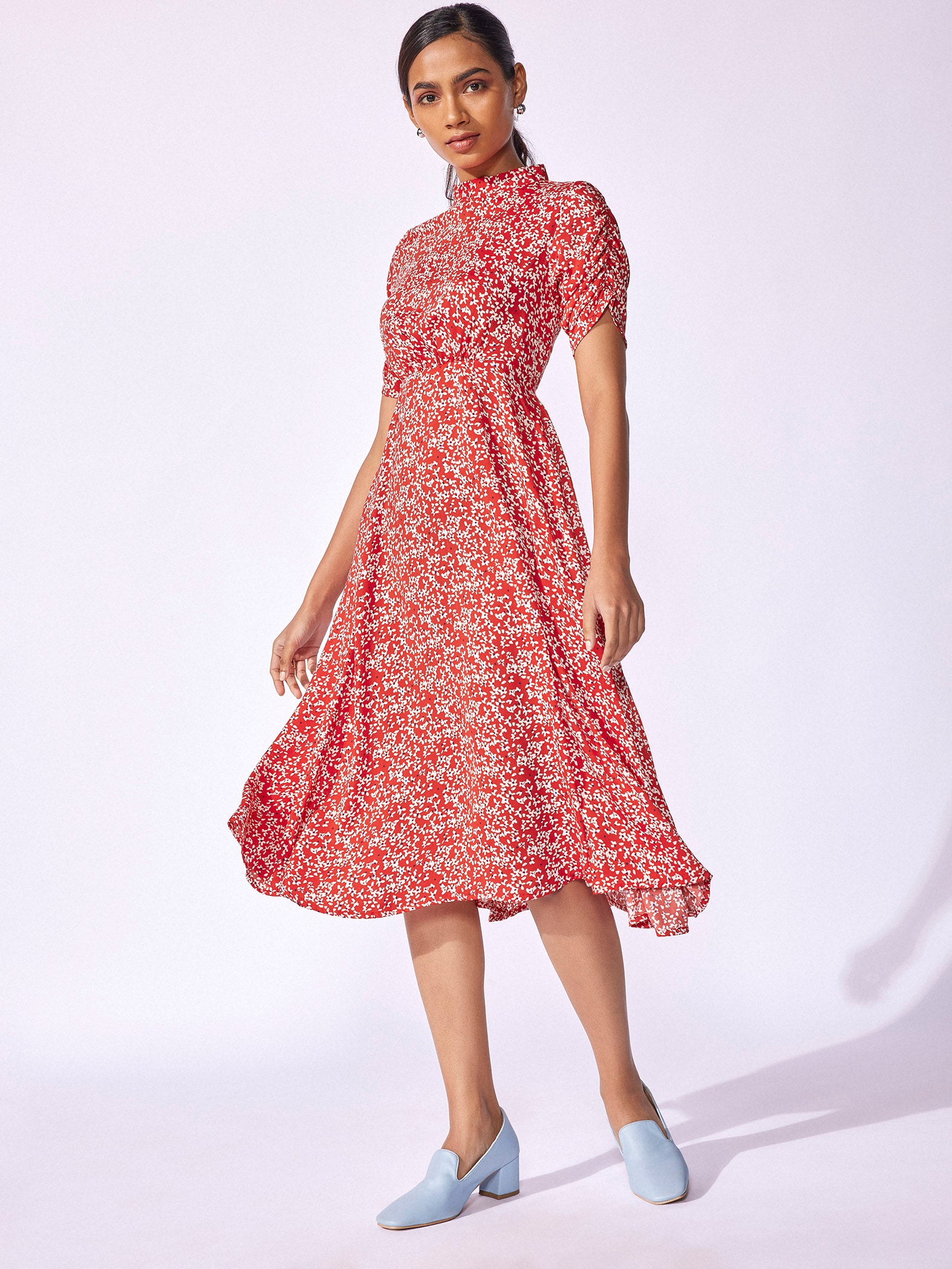 Red Floral Print High Neck Dress