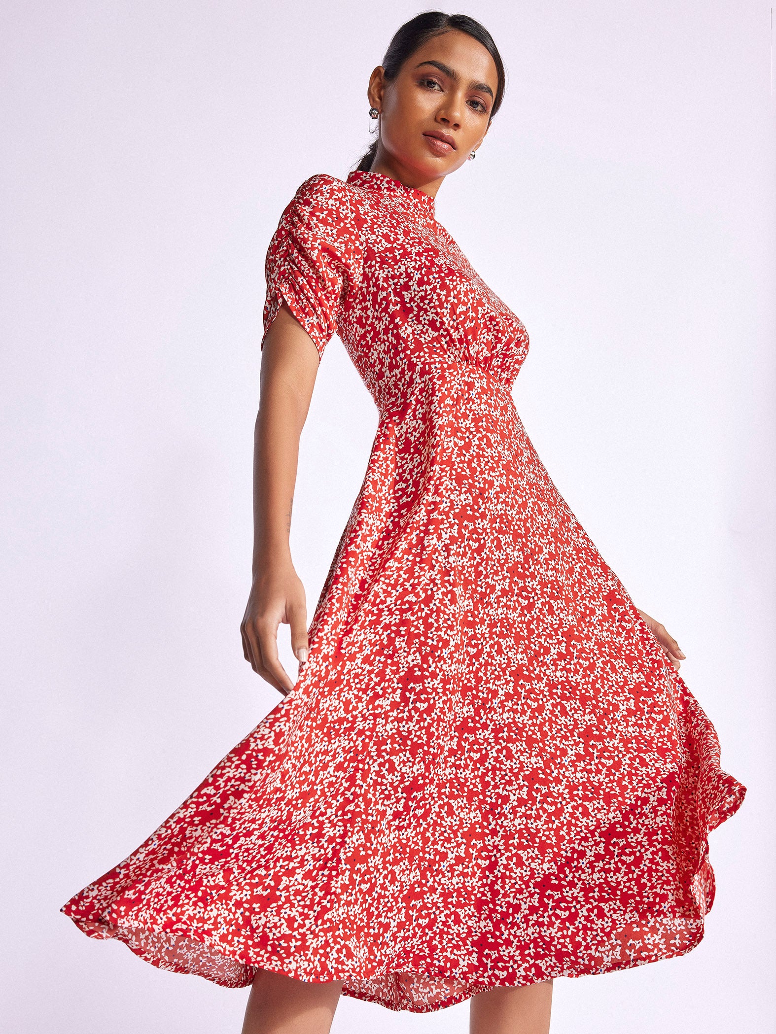 Red Floral Print High Neck Dress