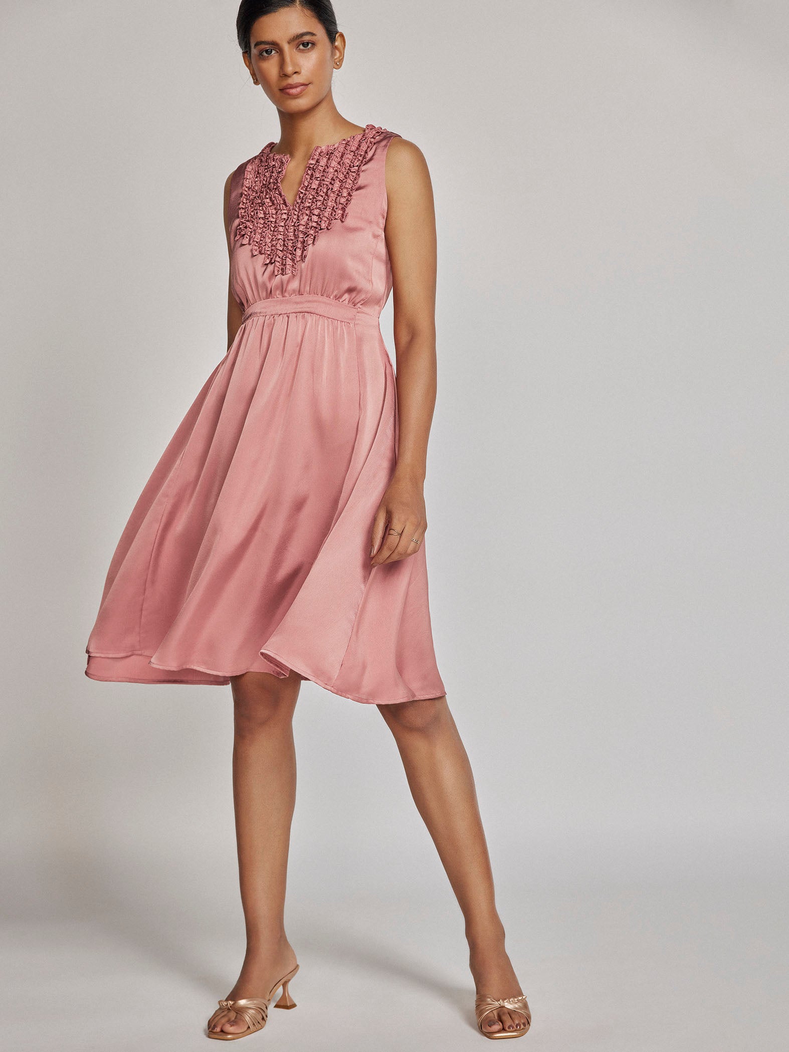 Rose Satin Ruffled Dress