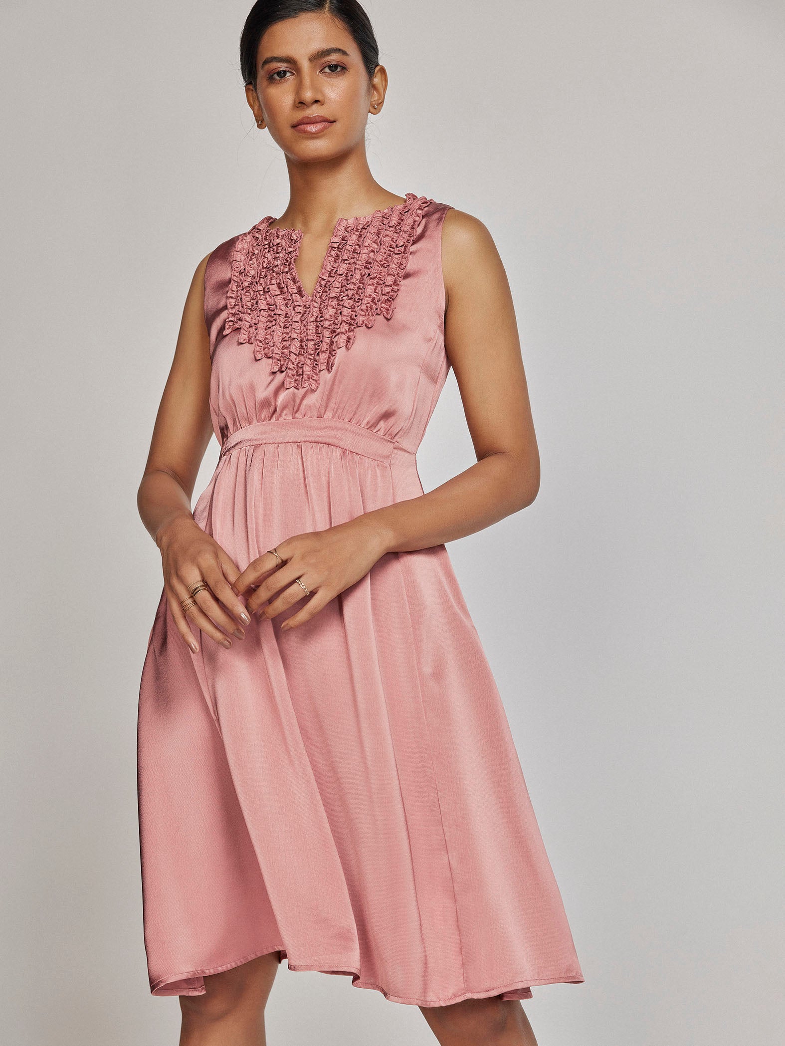 Rose Satin Ruffled Dress