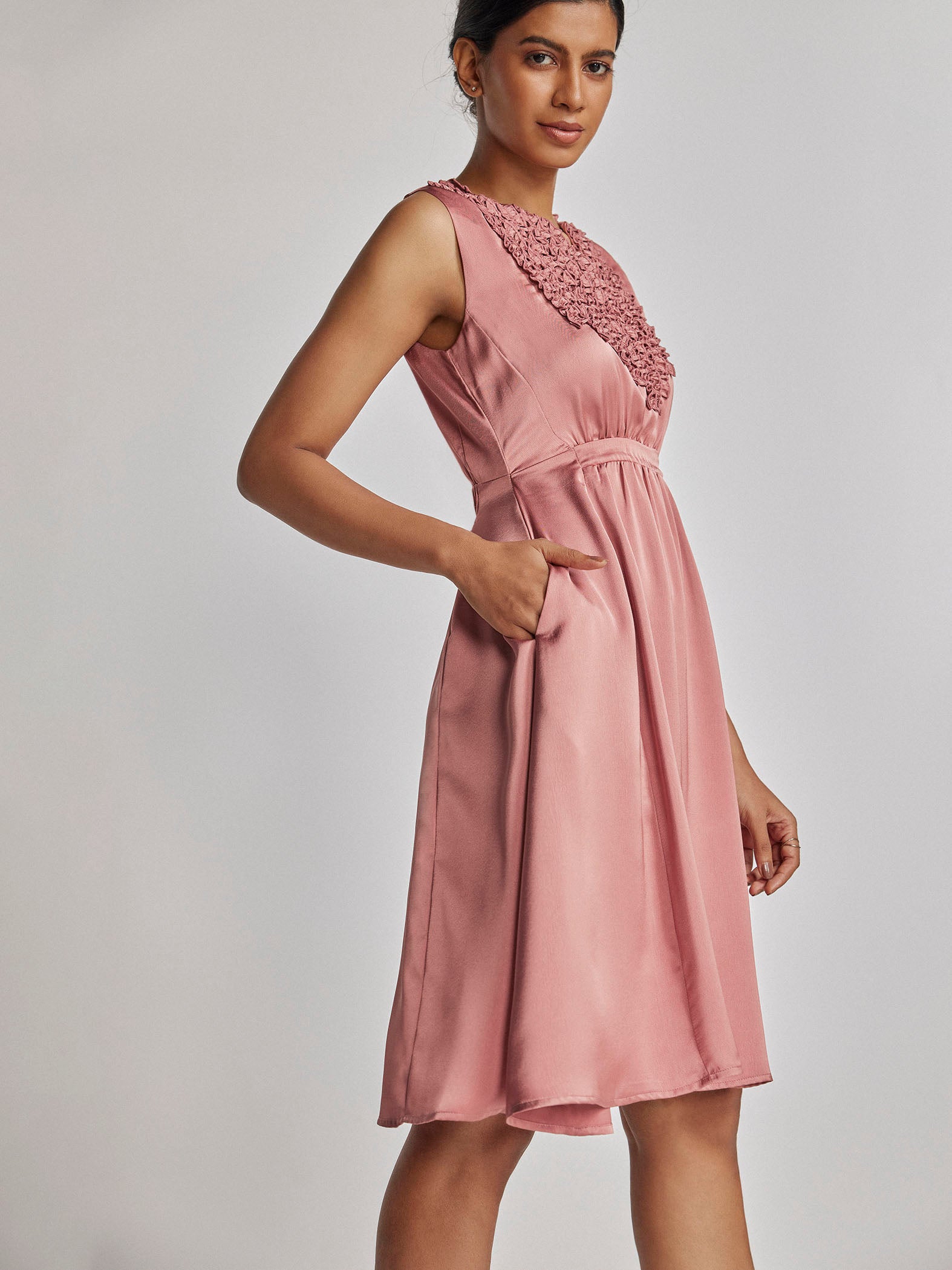 Rose Satin Ruffled Dress