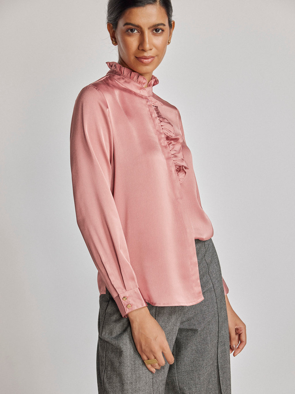 Rose Satin Ruffled Shirt