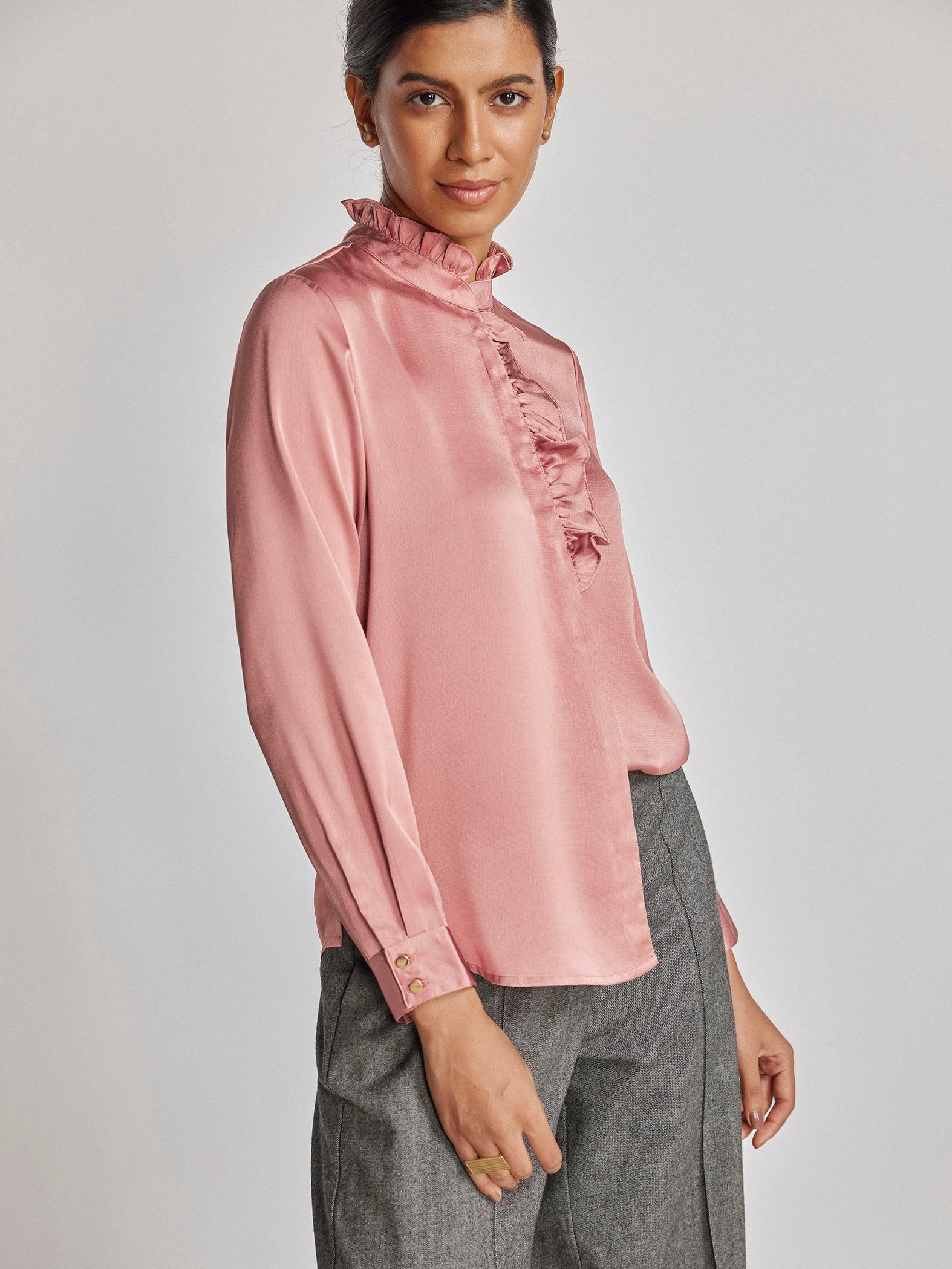 Rose Satin Ruffled Shirt